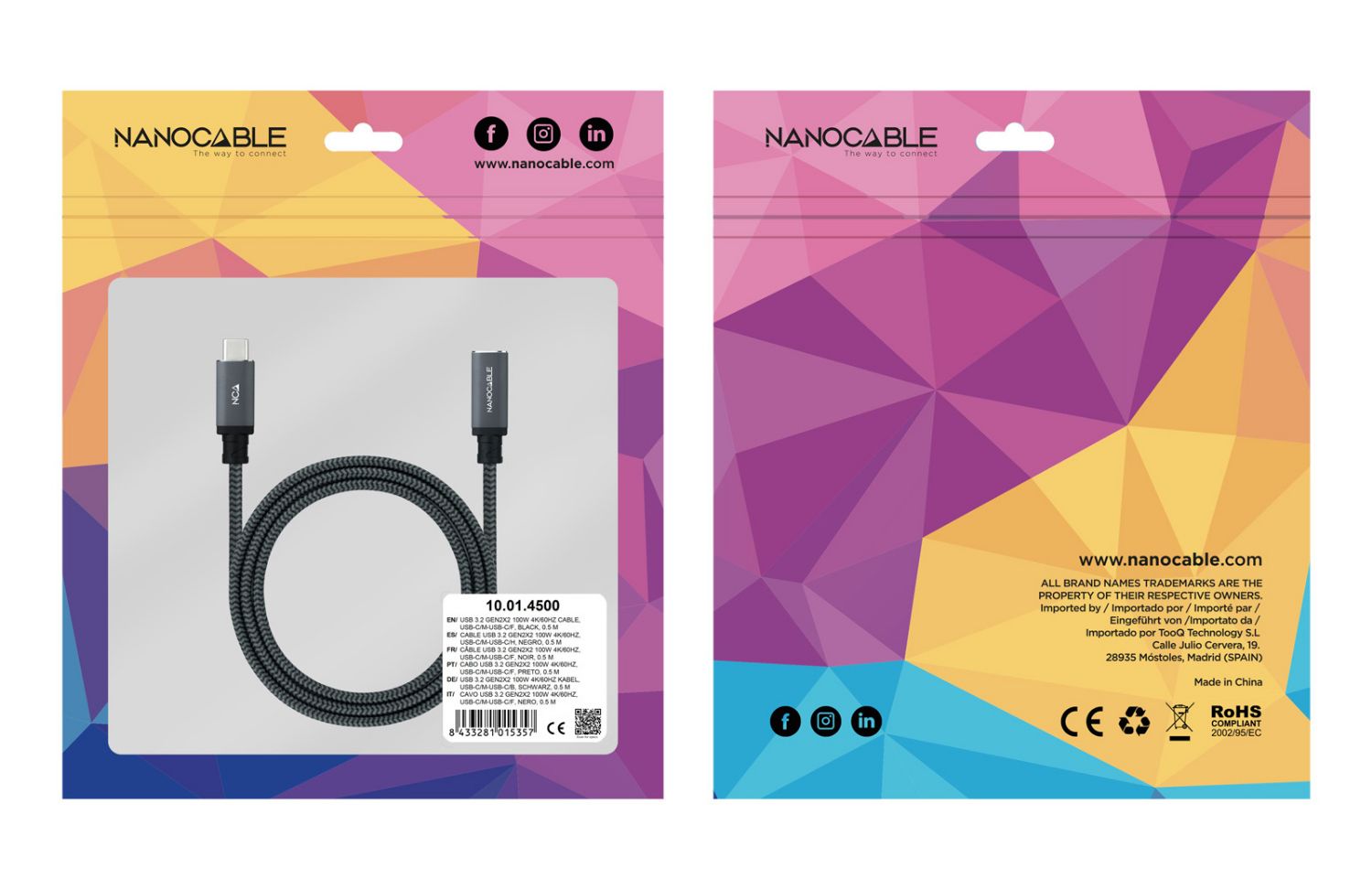 10.01.4500-COMB - Cable NANOCABLE Usb-C3.2/M a Usb-C/H, 100W/5A, 4K/60Hz, 50cm, mallado de algodn, Negro. (10.01.4500-COMB)