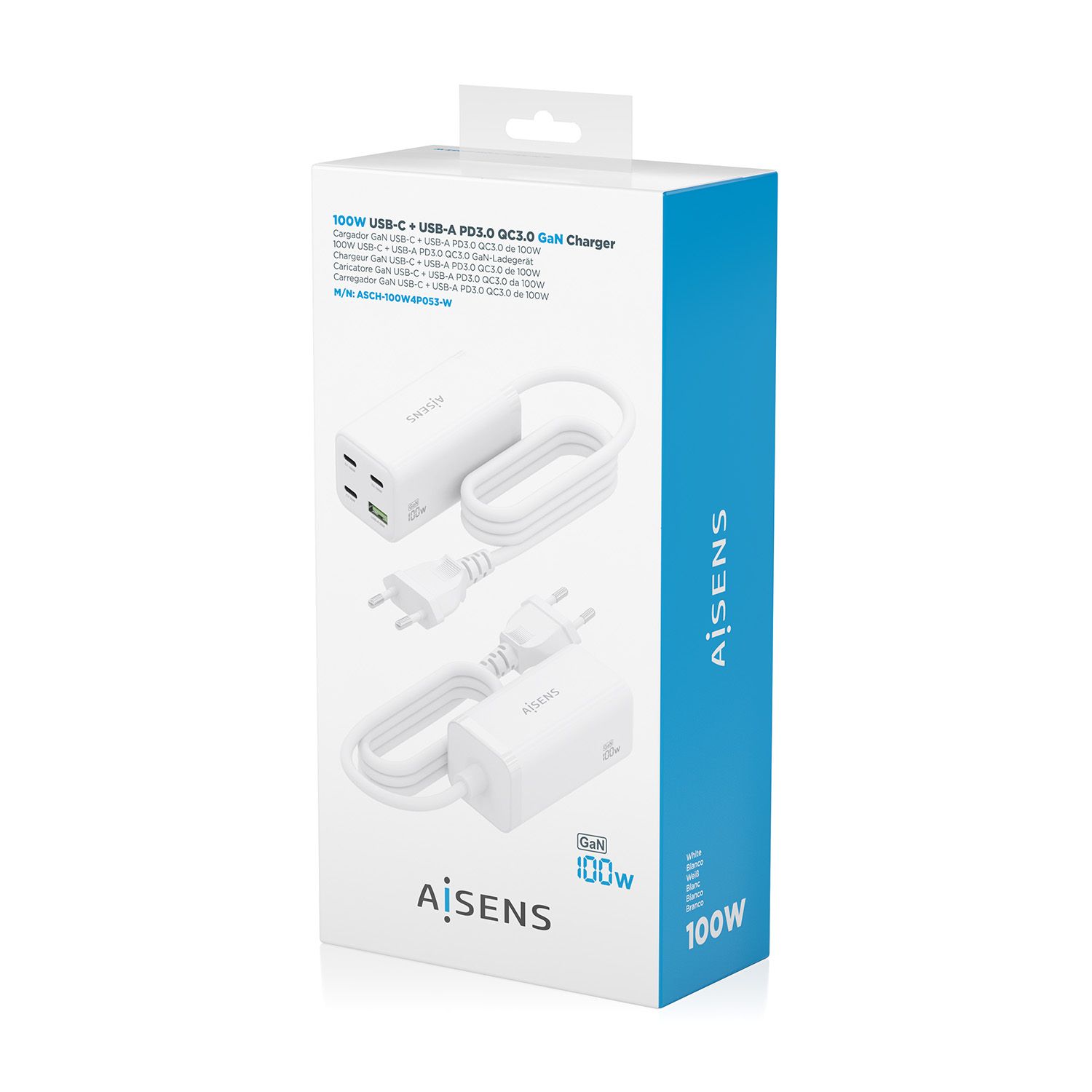 ASCH-100W4P053-W - Cargador de sobremesa AISENS GaN 100w 3Usb-C 1Usb-A Blanco (ASCH-100W4P053-W)