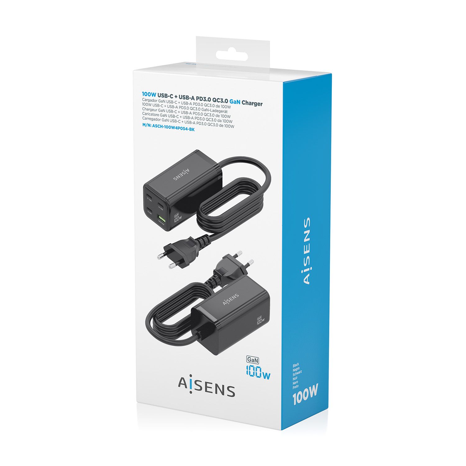 ASCH-100W4P054-BK - Cargador de sobremesa AISENS GaN 100w 3Usb-C 1Usb-A Negro (ASCH-100W4P054-BK)