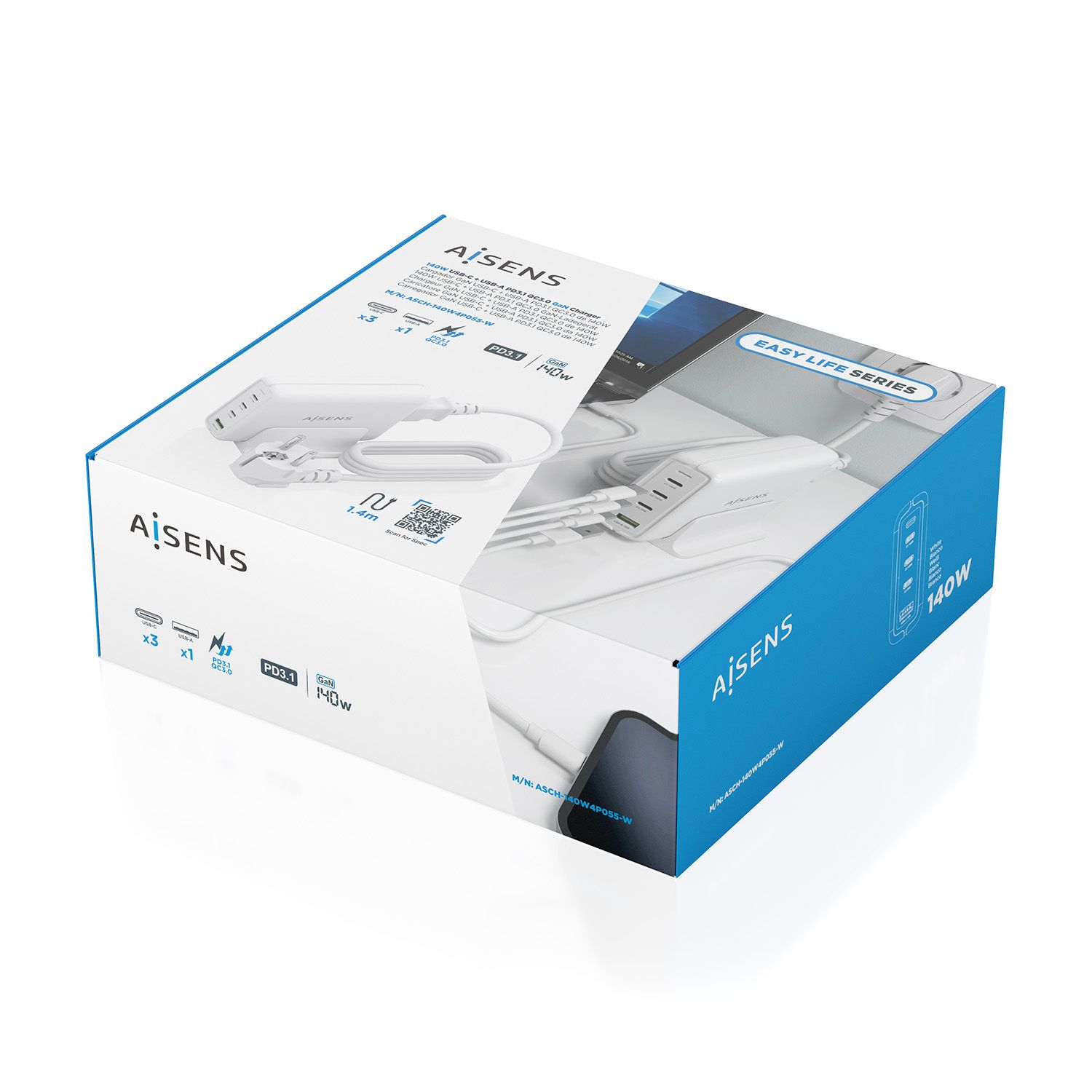 ASCH-140W4P055-W - Cargador de sobremesa AISENS GaN 140W 3Usb-C 1Usb-A Blanco (ASCH-140W4P055-W)