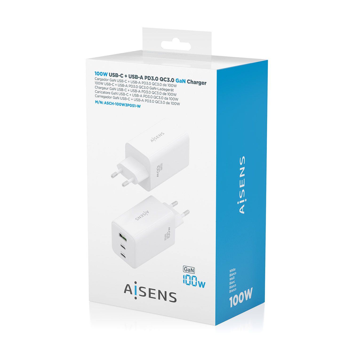 ASCH-100W3P051-W - Cargador de Pared AISENS GaN 100W 2Usb-C PD 1Usb-A Blanco (ASCH-100W3P051-W)