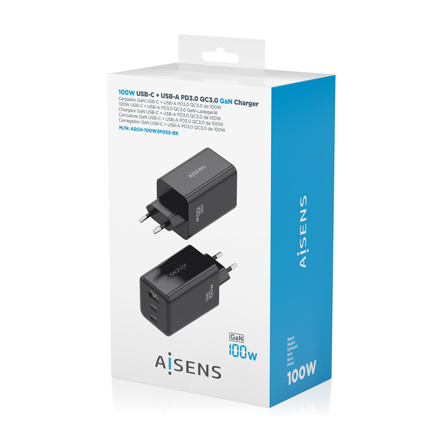 ASCH-100W3P052-BK - Cargador de Pared AISENS 100W 2Usb-C PD3.0 1Usb-A Negro (ASCH-100W3P052-BK)