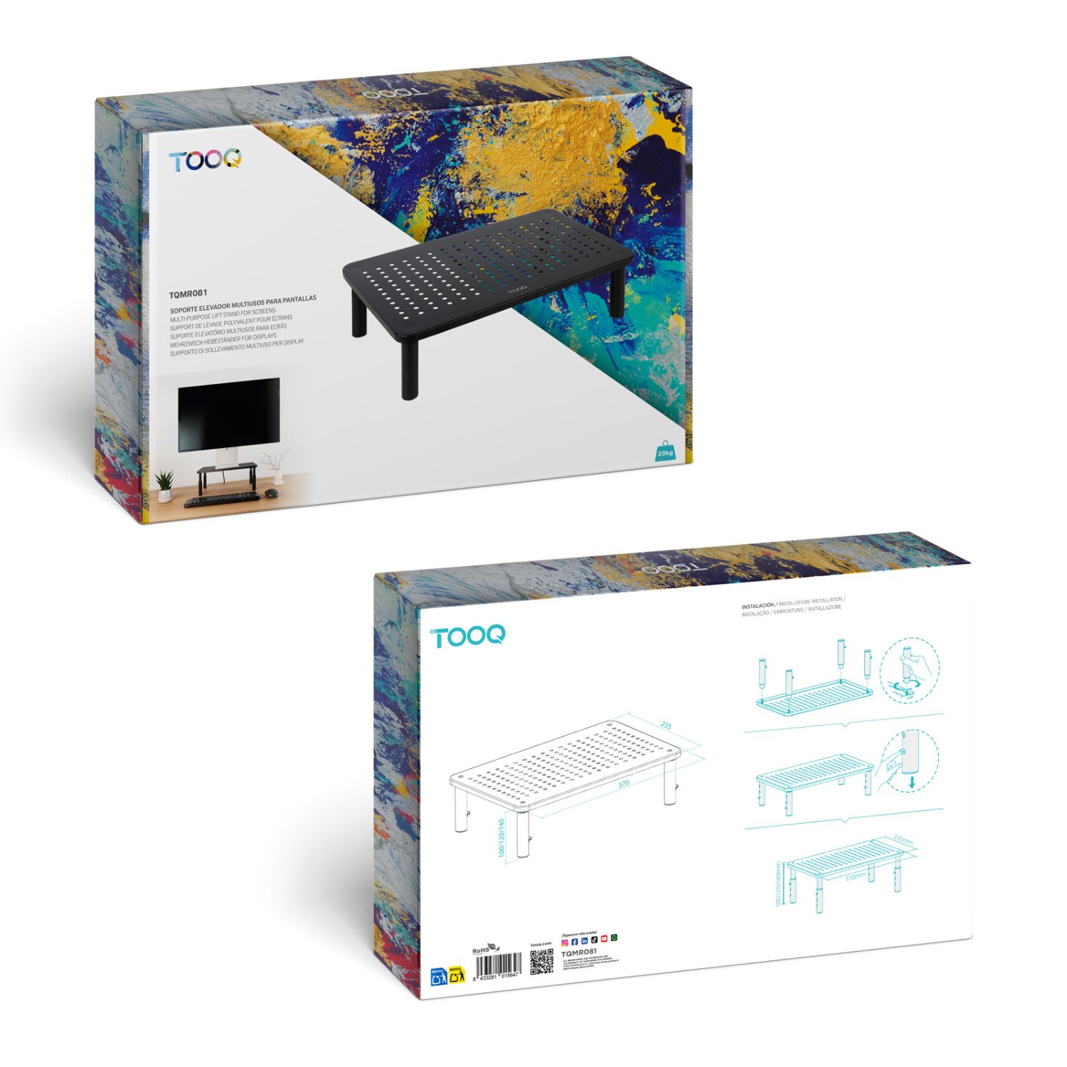 TQMR081 - Soporte Elevador TOOQ para monitor, hasta 20Kg, 3alturas, Negro. (TQMR081)