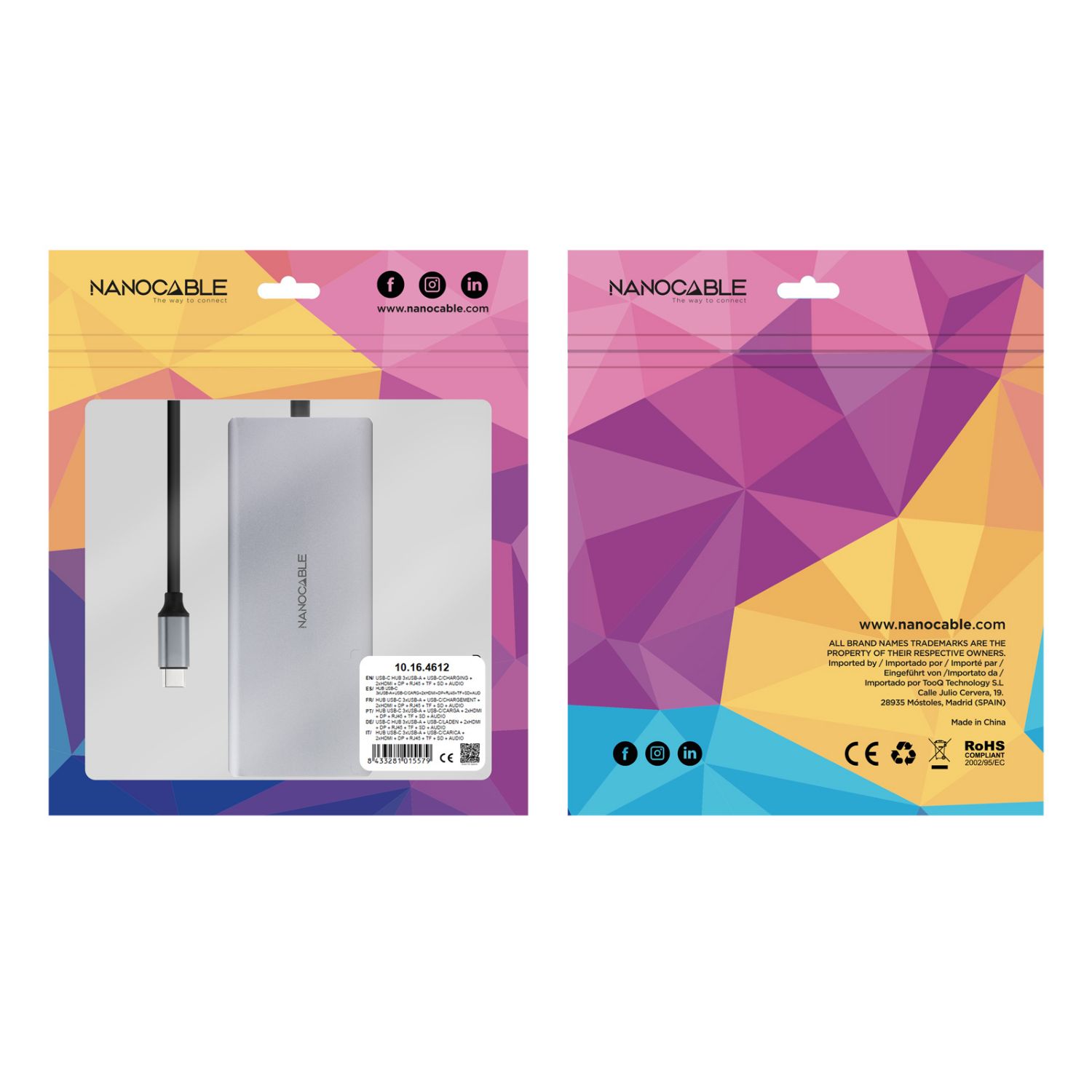 10.16.4612 - Docking Nanocable 12en1 Usb-C a 3xUsb/ 1xUsb-C/ 2xHDMI 4K/ 1xDisplayPort/ 1xRJ45/ 1xLector tarjetas/ 1xJack 3.5mm/ 1xUsb-C PD/ Gris (10.16.4612)