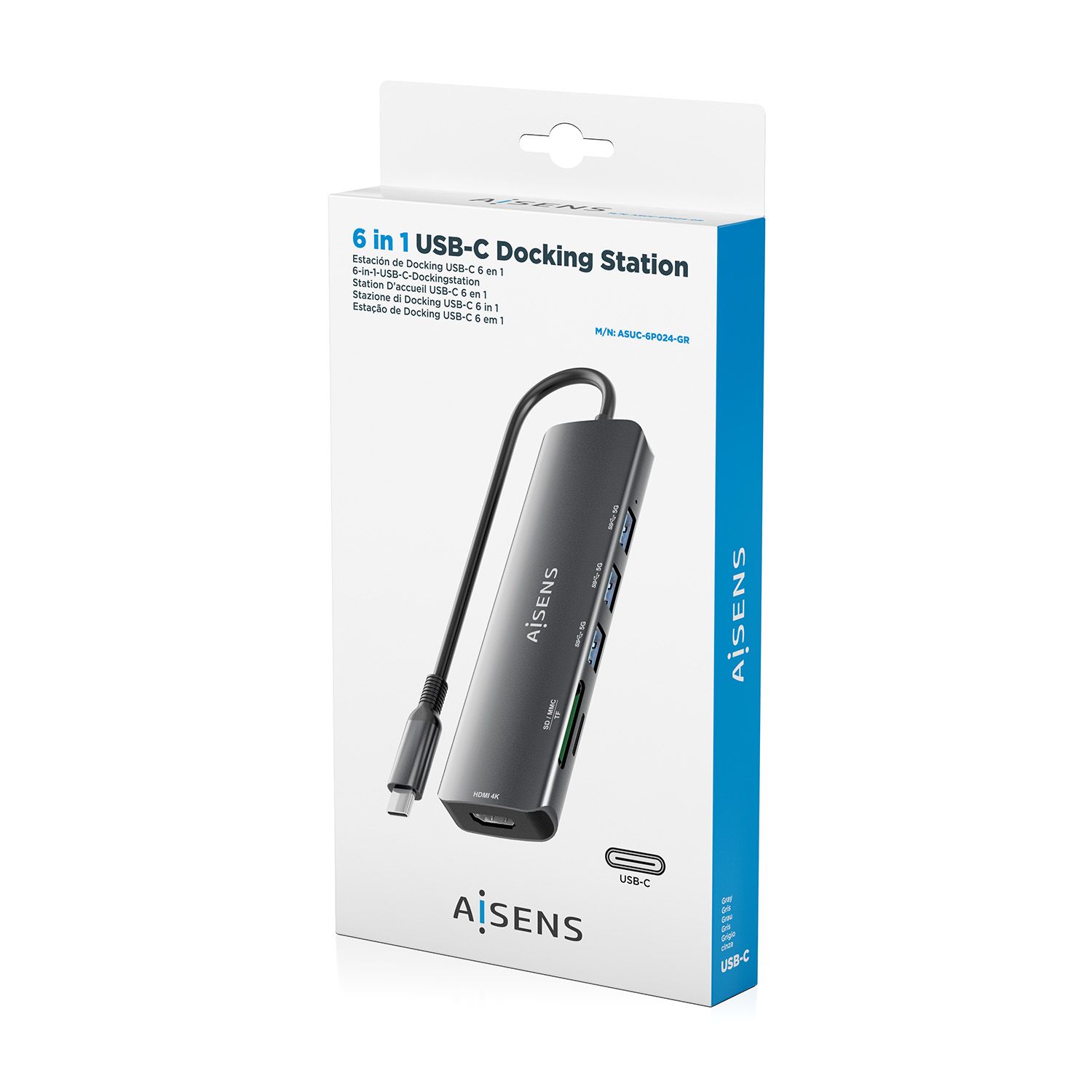 ASUC-6P024-GR - Docking AISENS 6en1 Usb-C a 1xHDMI/ 3xUsb-A/ 1xLector Tarjetas. Gris (ASUC-6P024-GR)
