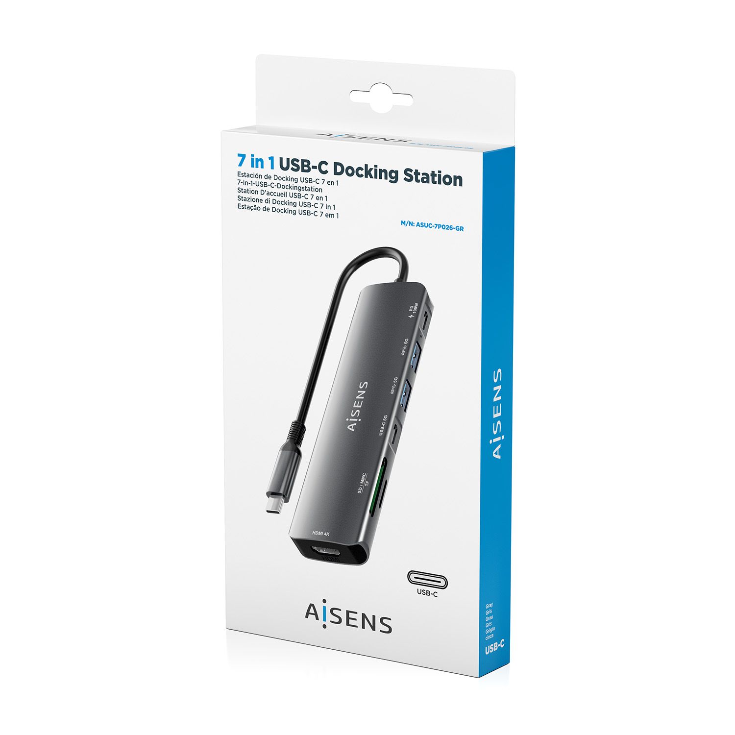 ASUC-7P026-GR - Docking AISENS 7en1 Usb-C a 1xHDMI/ 2xUsb-A/ 1xUsb-C / 1xUsb-C PD/ 1xLector Tarjetas. Gris (ASUC-7P026-GR)