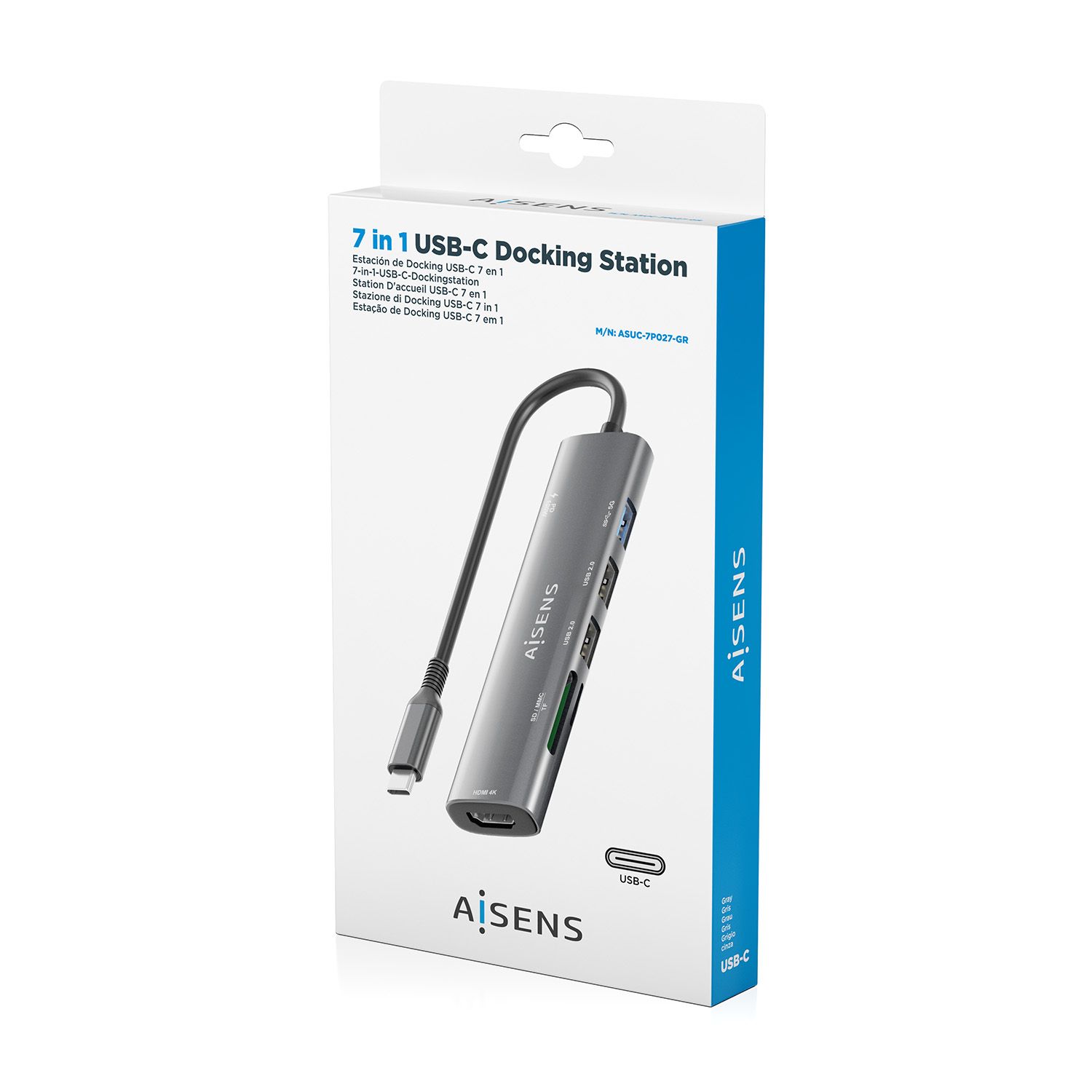 ASUC-7P027-GR - Docking AISENS 7en1 Usb-C a 1xHDMI/ 3xUsb-A/ 1xUsb Tipo-C PD/ 1xLector Tarjetas. Gris (ASUC-7P027-GR)