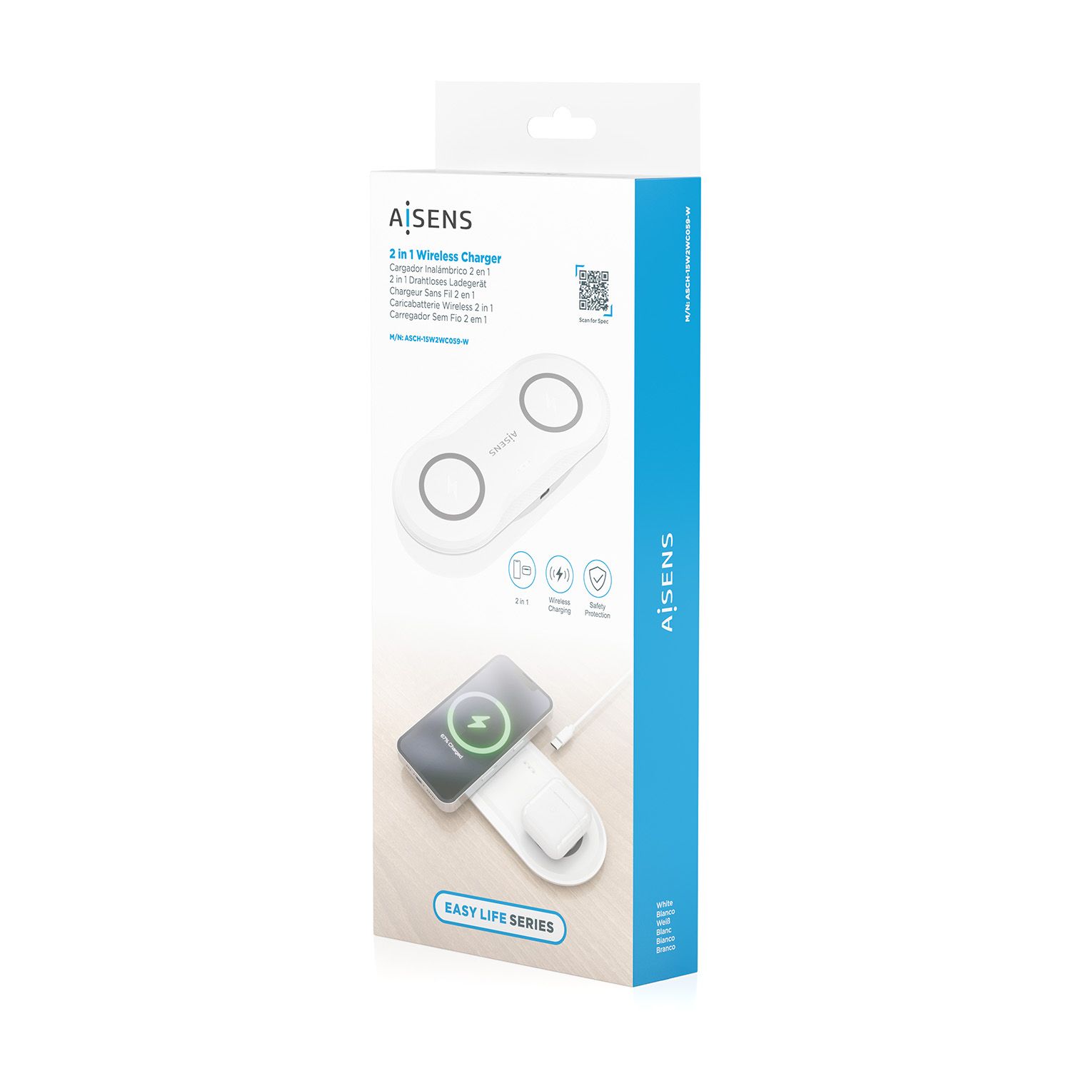 ASCH-15W2WC059-W - Estacin de Carga AISENS Inalmbrica Qi 2en1 Usb-C Blanco (ASCH-15W2WC059-W)