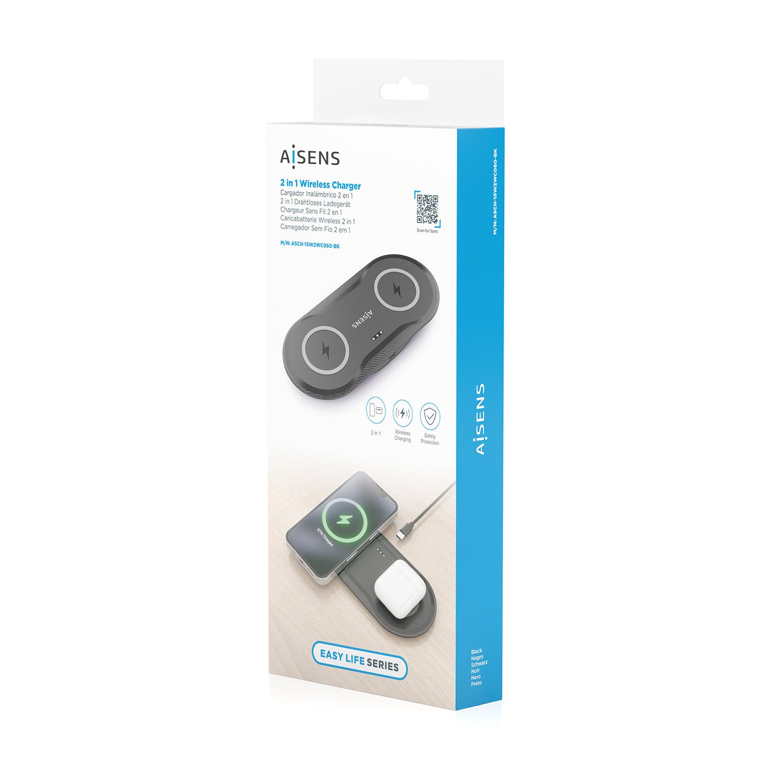 ASCH-15W2WC060-BK - Estacin de Carga AISENS Qi 2en1 Usb-C 15W Negro (ASCH-15W2WC060-BK)