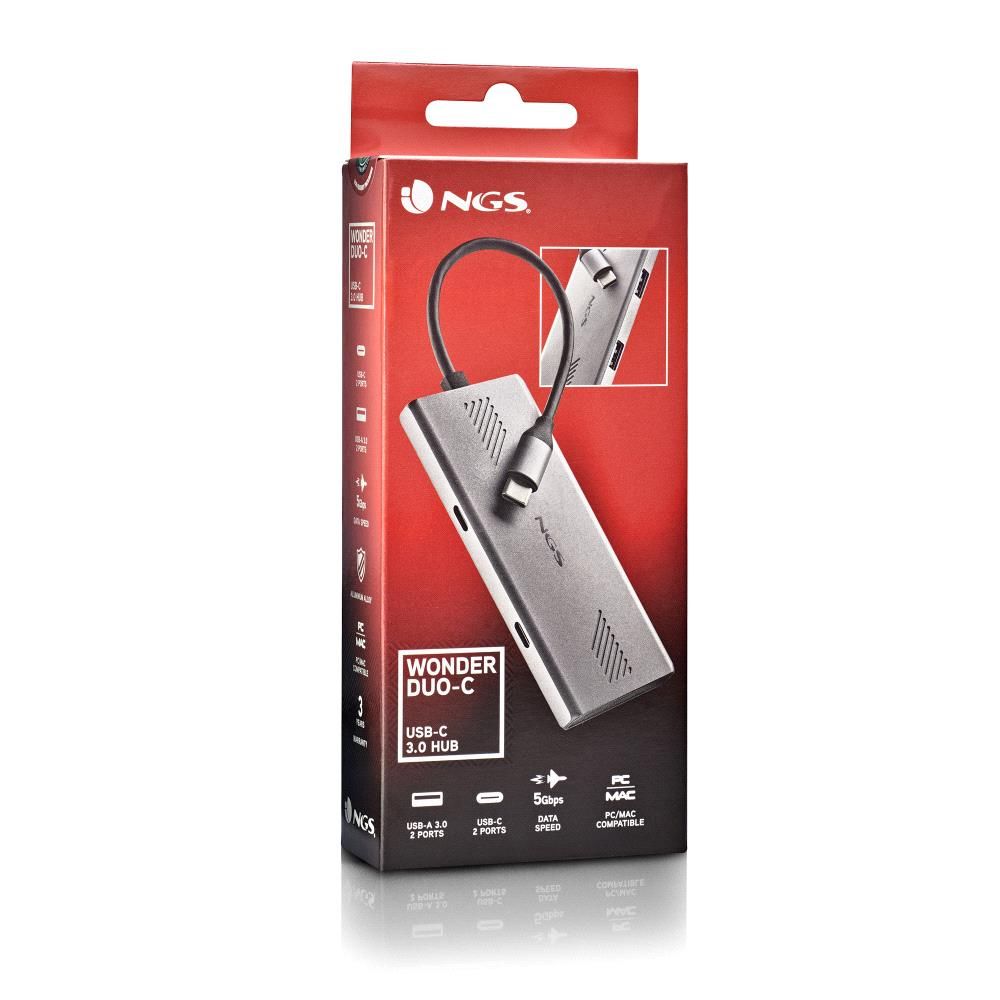 WONDERDUO-C - Hub NGS 4en1 Usb-C a 2Usb-A/2Usb-C,Carcasa fabricada en aluminio, cable 18cm. (WONDERDUO-C)