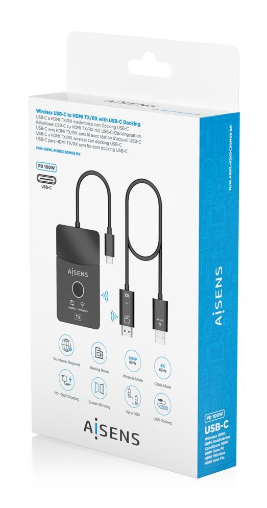 ASWL-H2KDC30M05-BK - Docking Station AISENS USB-C a HDMI FHD/60Hz 1xHDMI 2xUSB-C 1xUSB-A 1xUSB-C PD 100W Negro (ASWL-H2KDC30M05-BK)