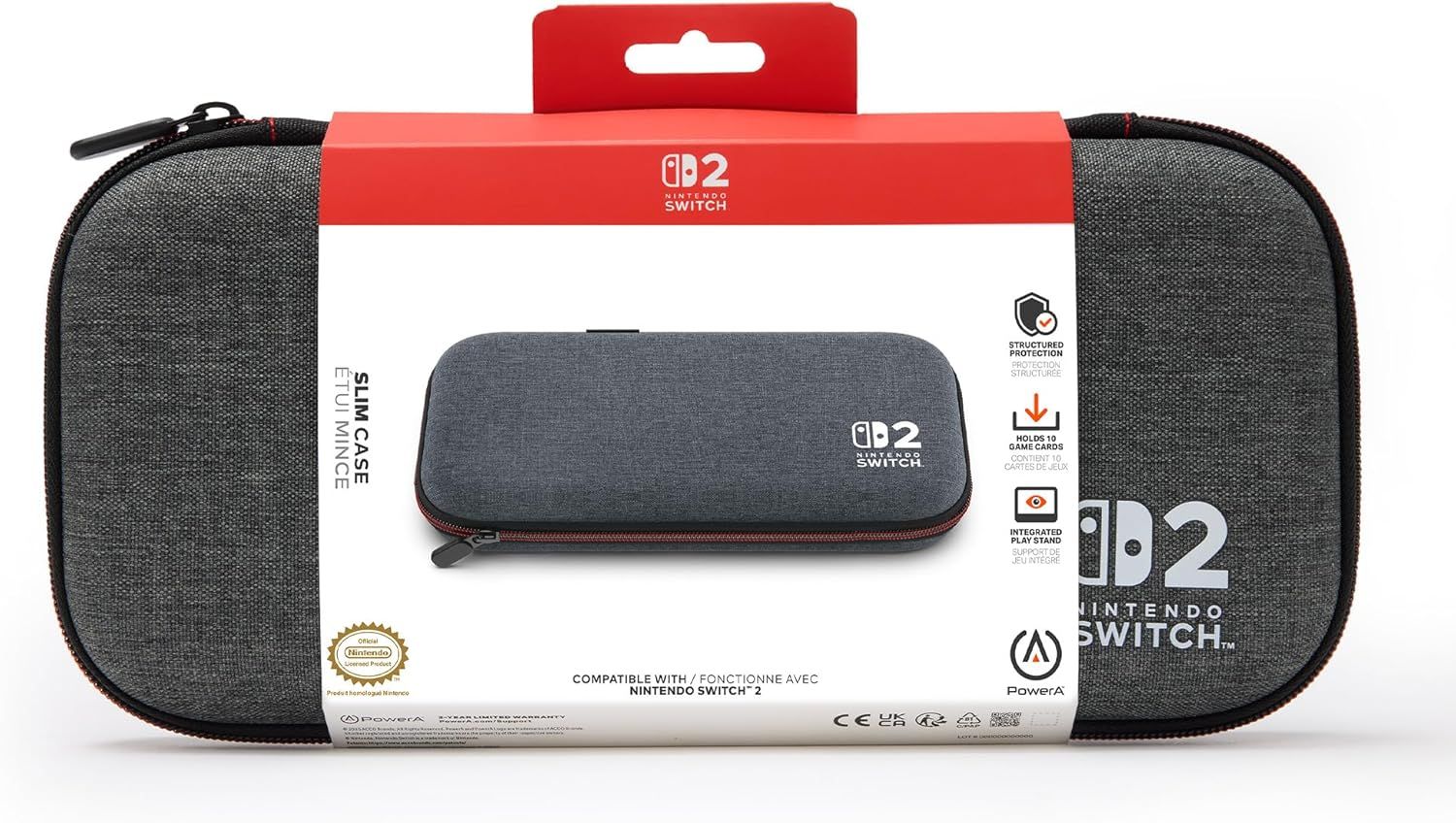 NSCS0528-01 - Funda PowerA para Nintendo Switch 2, Almacenamiento hasta 10 tarjetas de juego, Protector de pantalla acolchado, Gris Oscuro(NSCS0528-01)