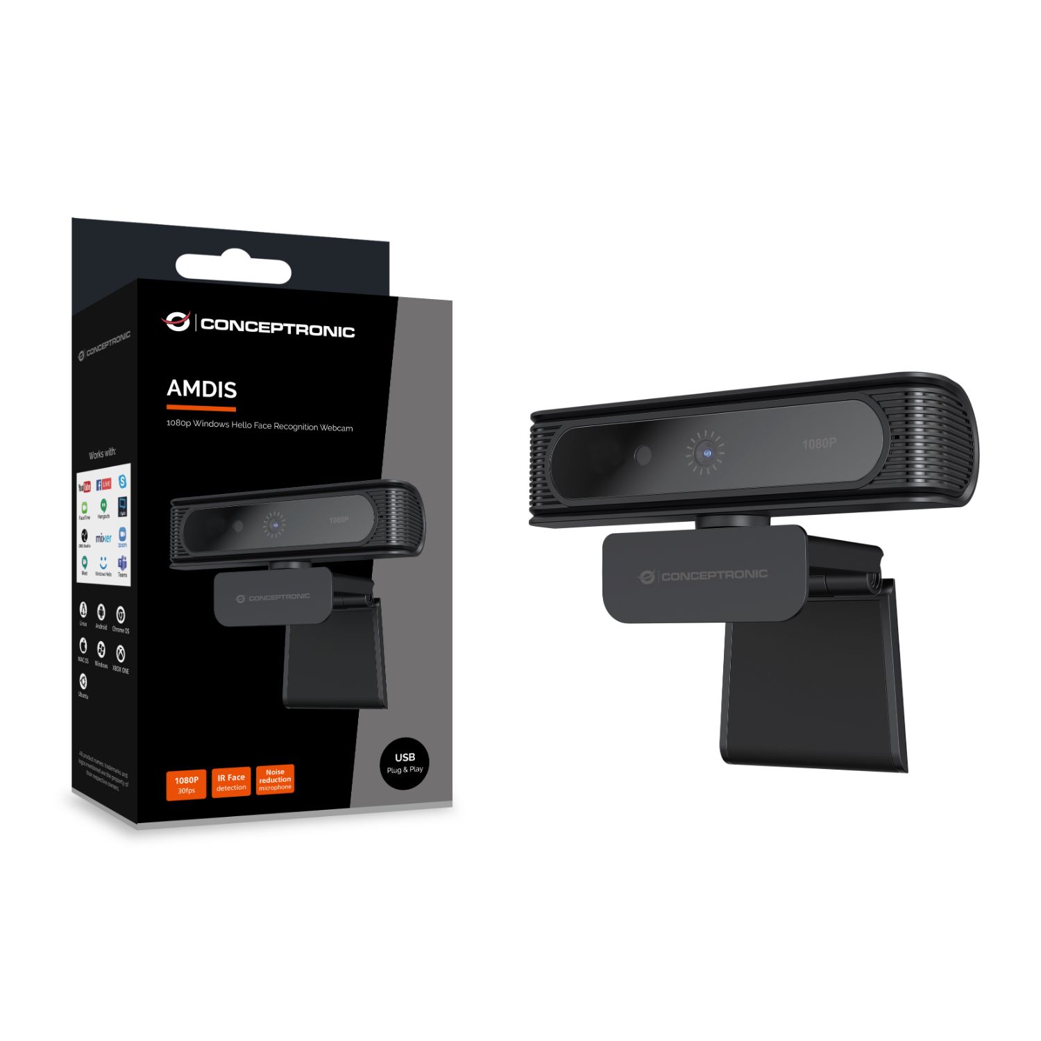 AMDIS09B - WebCam CONCEPTRONIC FHD Sensor CMOS USB 2.0 Micrfono Negra (AMDIS09B)