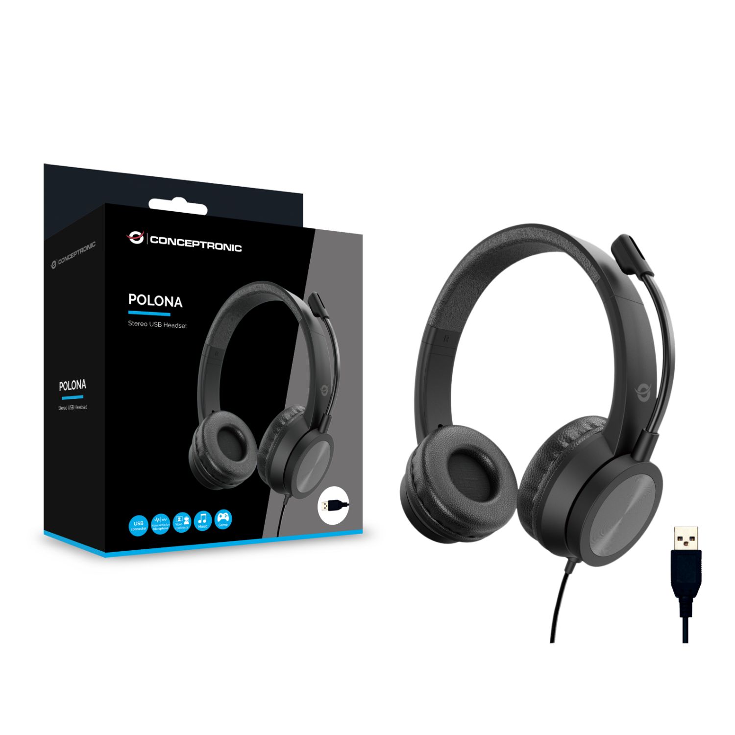 POLONA05B - Auriculares+Micrfono CONCEPTRONIC Circumaurales Binaurales USB-A Negros (POLONA05B)