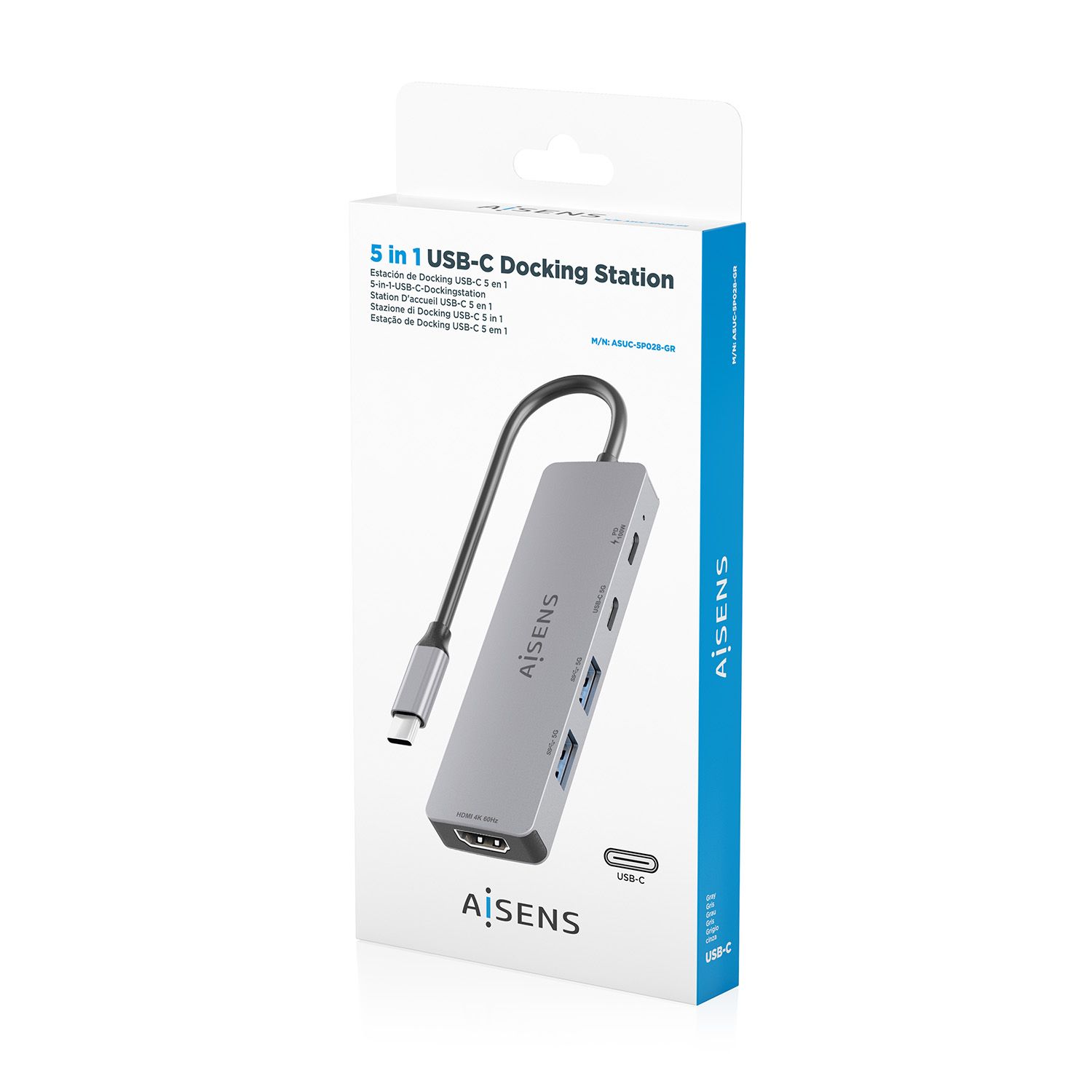 ASUC-5P028-GR - Docking Station AISENS 5en1 USB-C 3.0 a 2xUSB-A/1xUSB-C PD 100W/1xHDMI 4K/60Hz Gris (ASUC-5P028-GR)