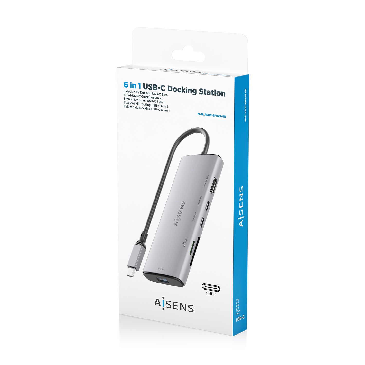 ASUC-6P029-GR - Docking Station AISENS 6en1 USB-C 3.0 a 1xUSB-A/2xUSB-C/1xHDMI/Lector Tarjetas 4K/60Hz Gris (ASUC-6P029-GR)
