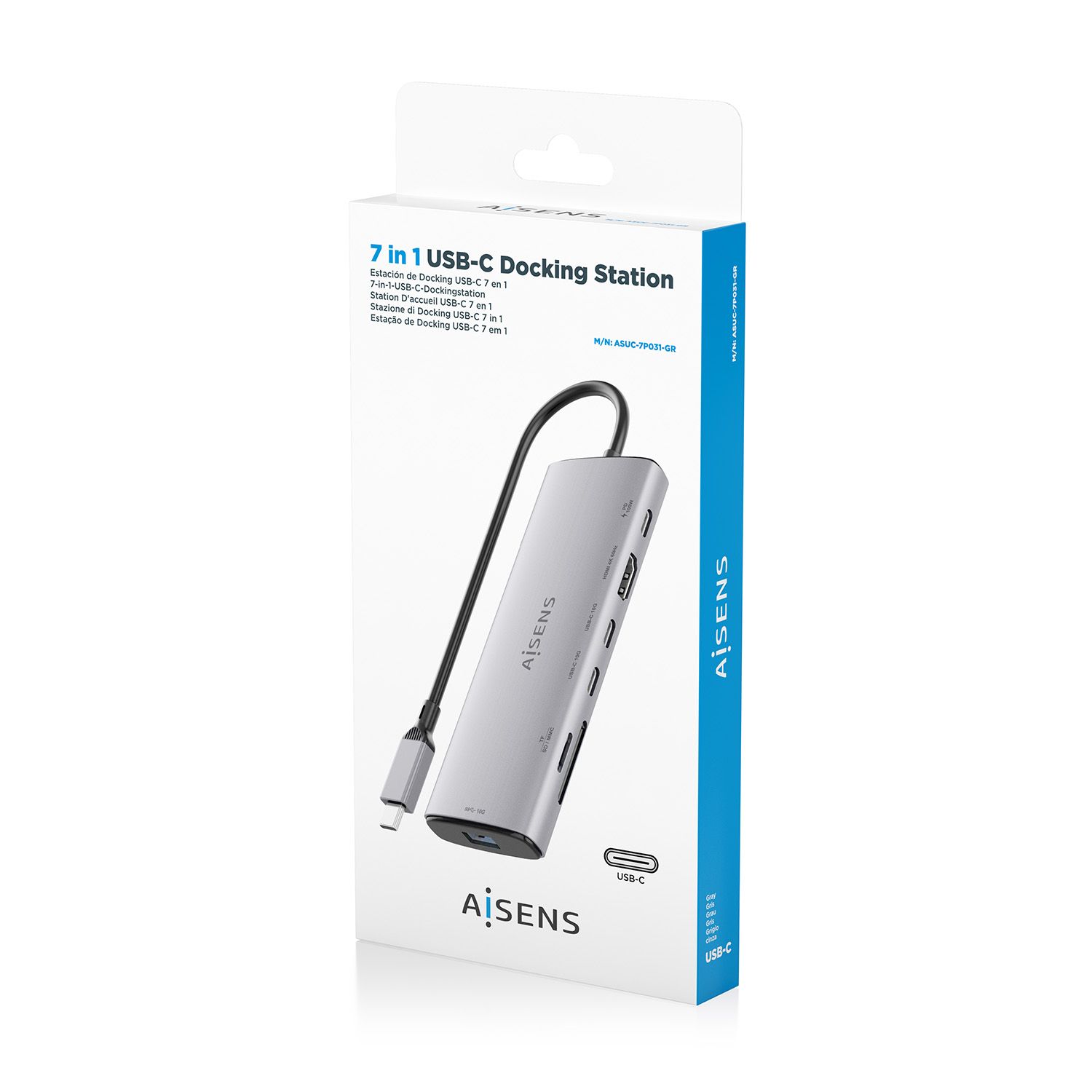 ASUC-7P031-GR - Docking Station AISENS 7en1 USB-C 3.0 a 1xUSB-A/2xUSB-C/1xUSB-C PD 100W/1xHDMI/Lector Tarjetas 4K/60Hz Gris (ASUC-7P031-GR)