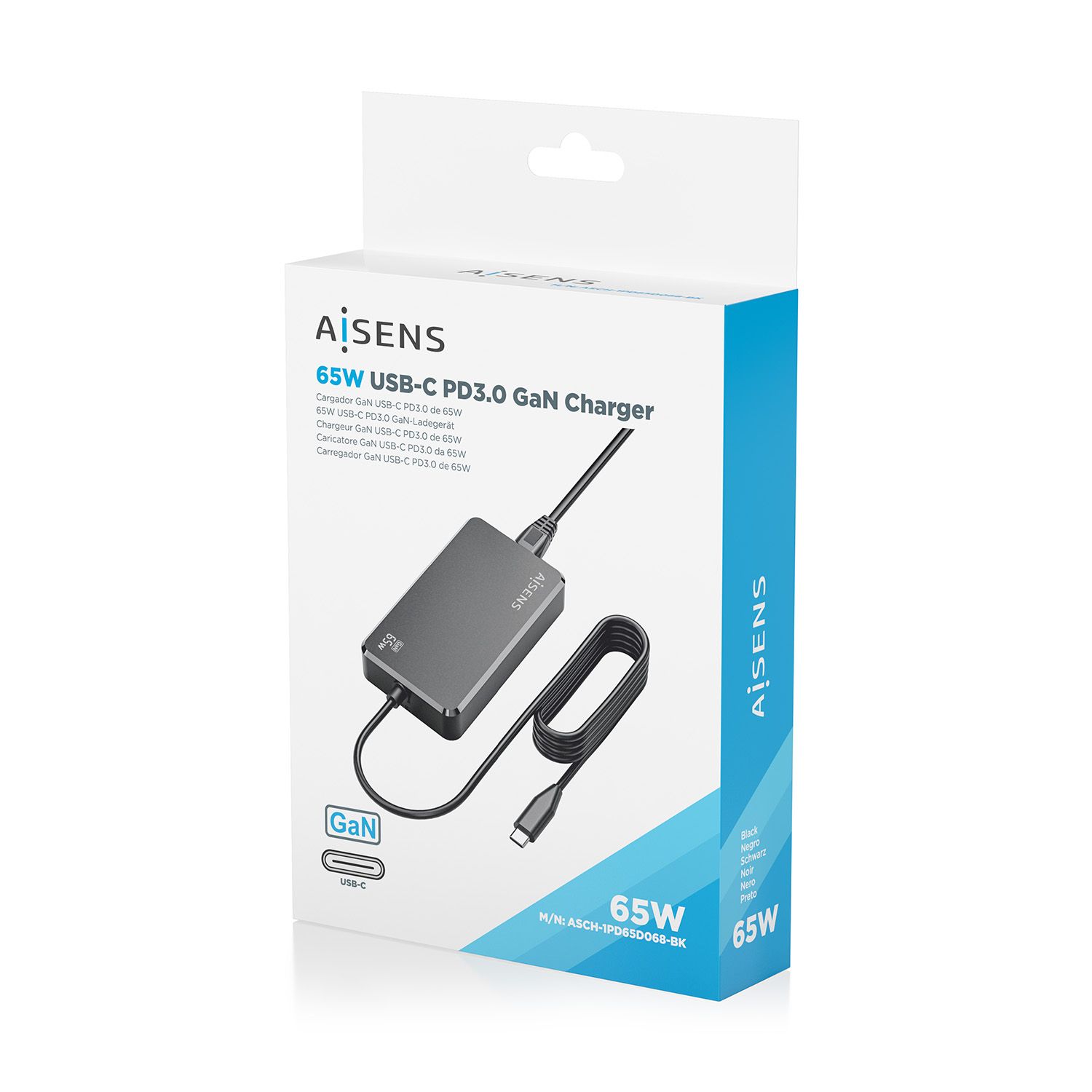 ASCH-1PD65D068-BK - Cargador Sobremesa Aisens GaN 65W PD3.0 1xUsb-C, cable DC 1.8m, Negro(ASCH-1PD65D068-BK)