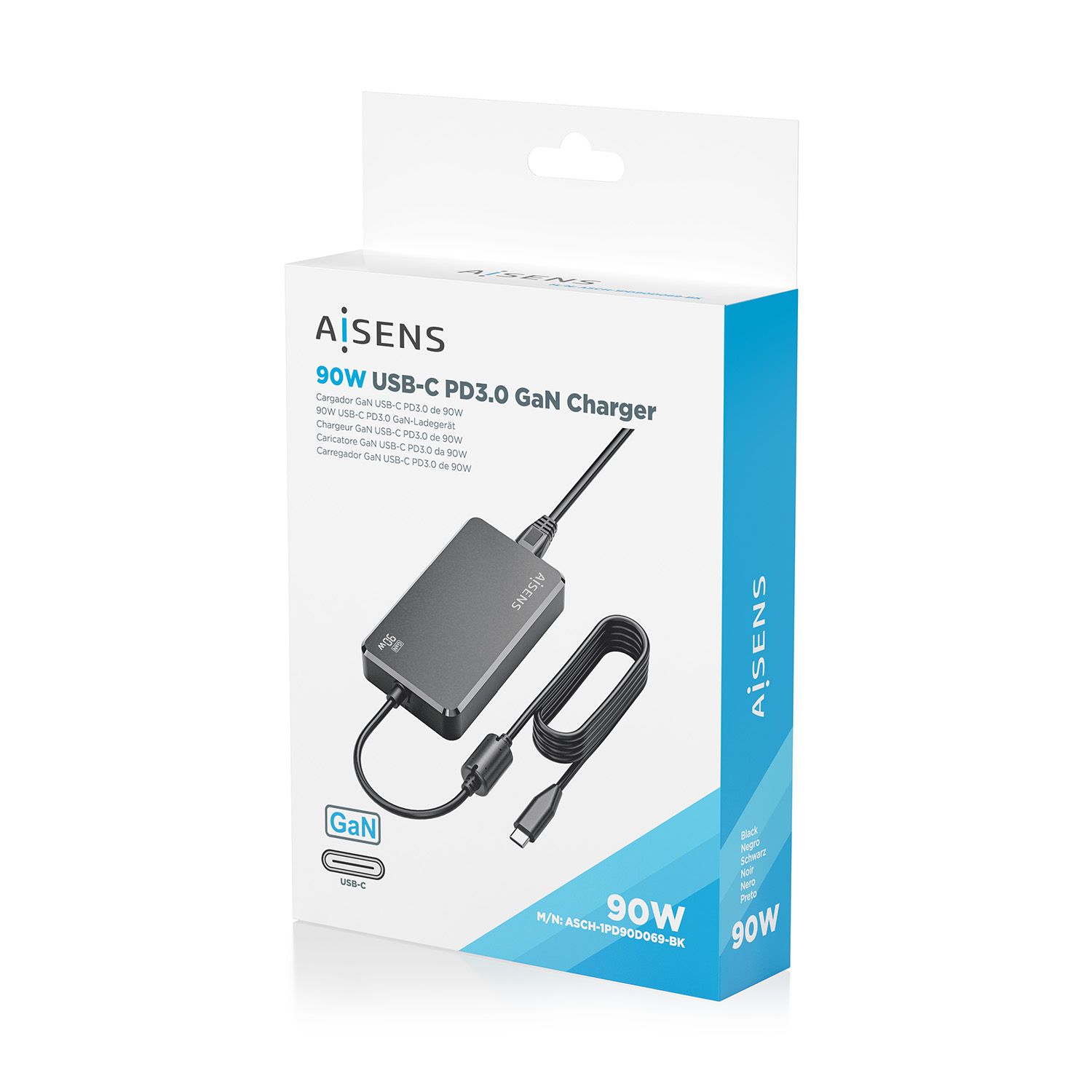 ASCH-1PD90D069-BK - Cargador Sobremesa Aisens GaN 90W PD3.0 1xUsb-C, cable DC 1.8m, Negro (ASCH-1PD90D069-BK)