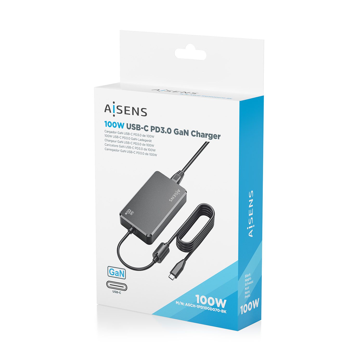 ASCH-1PD100D070-BK - Cargador Sobremesa Aisens GaN 100W PD3.0 1xUsb-C, cable DC 1.8m, Negro(ASCH-1PD100D070-BK)