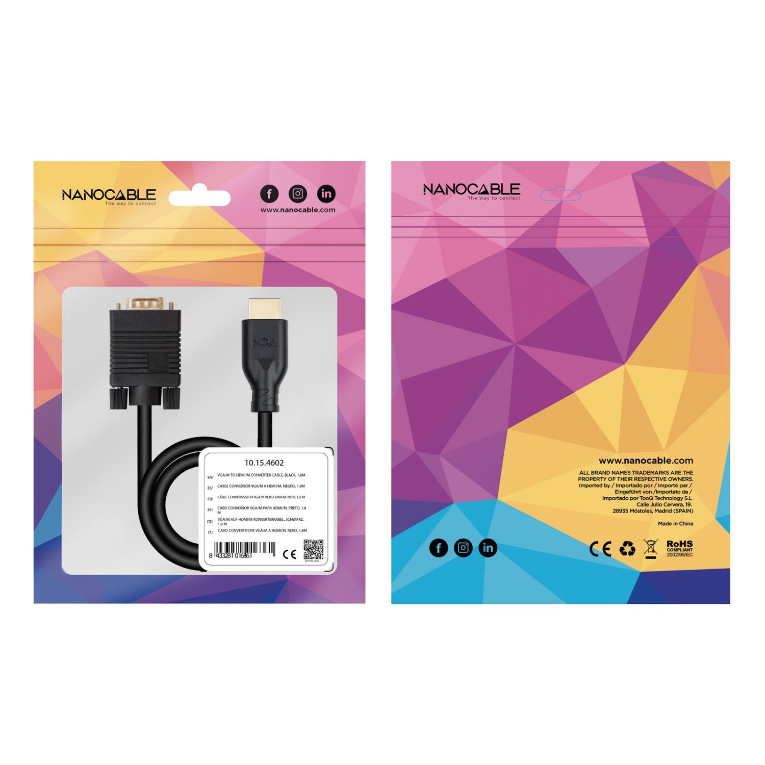 10.15.4602 - Cable Conversor Nanocable VGA/M a HDMI/M 1.8m Negro (10.15.4602)