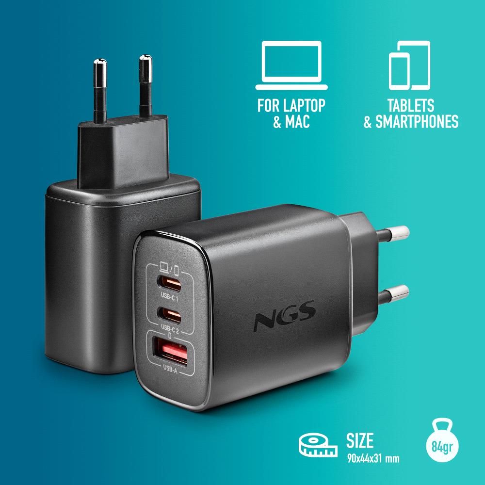 ERA65WBLACK - Cargador de Pared NGS Era 65W 2Usb-C 1Usb-A Negro (ERA65WBLACK)