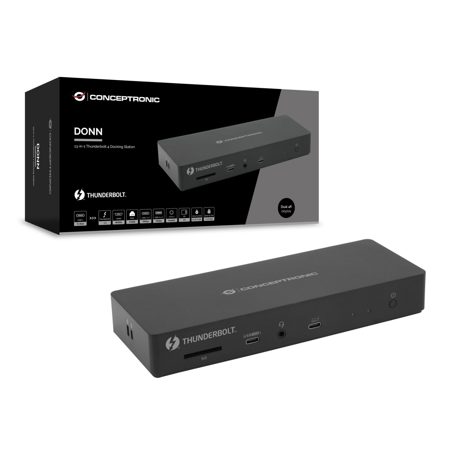 DONN30B - Docking Station CONCEPTRONIC USB-C 13en1 2xUSB-A 3.1/2xUSB-C 3.1 PD 96W/2xThunderbolt 4/1xHDMI 2.1/1xRJ45/Lector Tarjetas 8K UHD Negro (DONN30B)