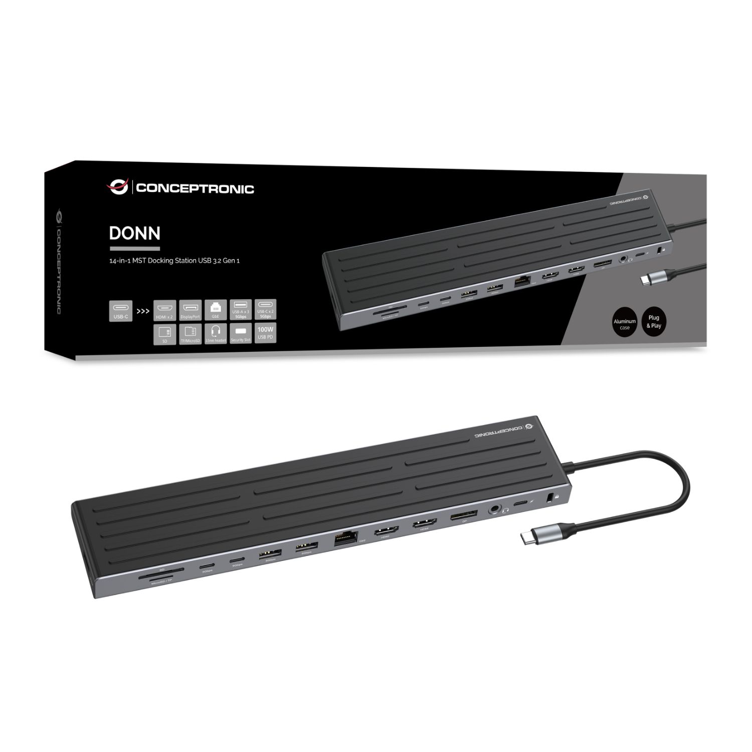 DONN32B - Docking Station CONCEPTRONIC USB-C 3.0 a 3xUSB-A/2xUSB-C PD 300W/2xHDMI 2.0/1xDP 1.2/RJ45 4K UHD Ethernet GbE Gris/Plata (DONN32B)