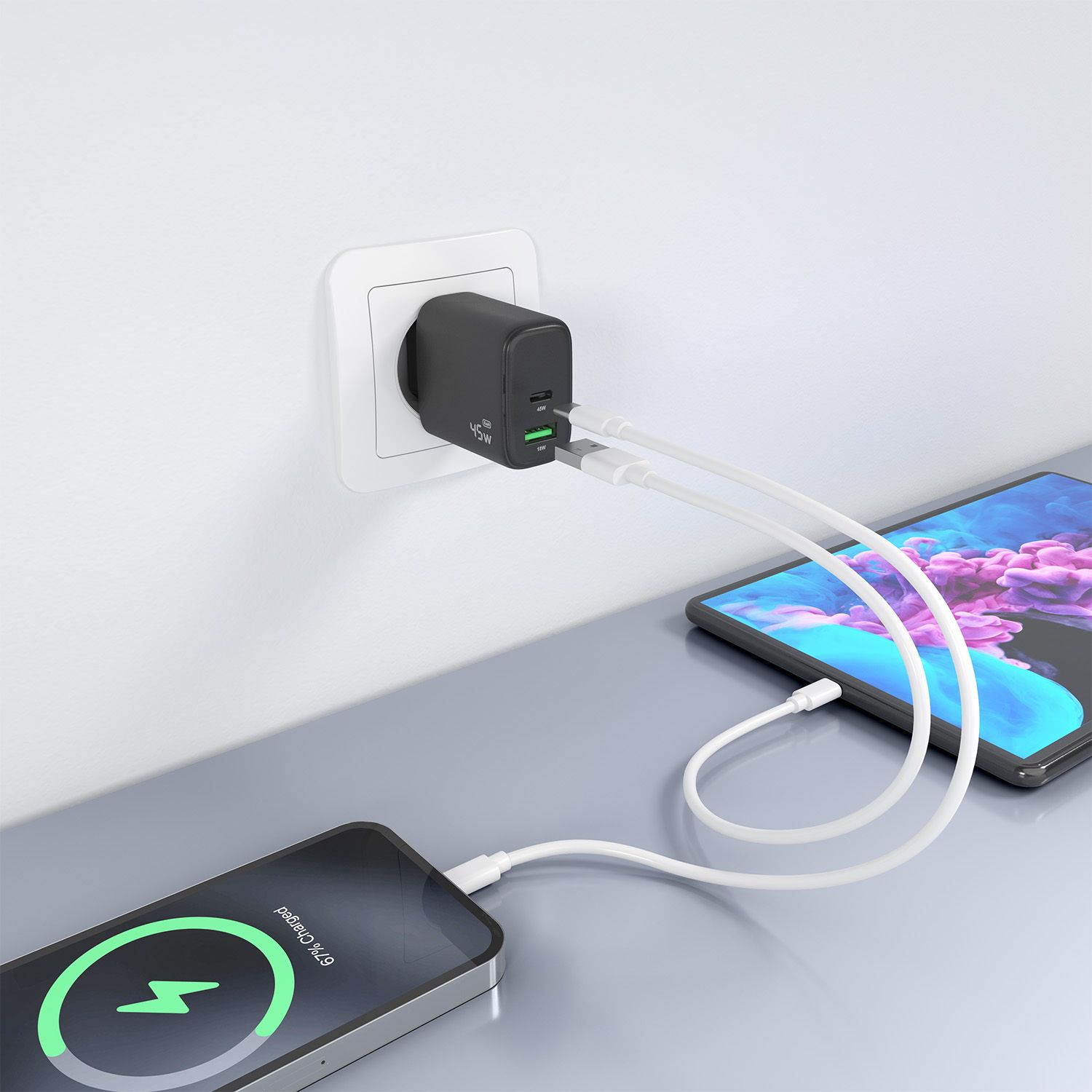 A110-0972 - Cargador de Pared AISENS GaN 45W 1xUSB-A QC 3.0 1xUSB-C PD 3.0 QC 4.0 Negro (A110-0972)