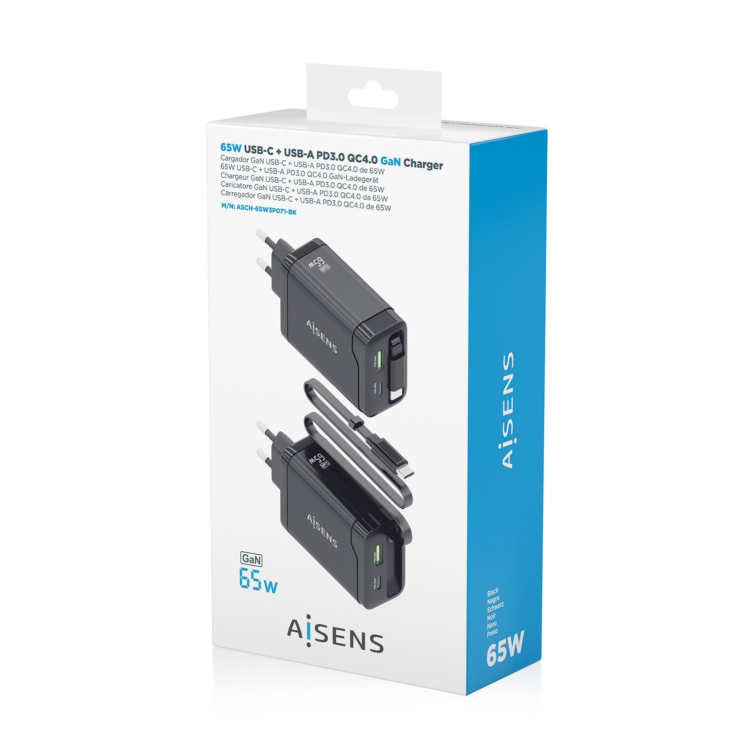 ASCH-65W3P071-BK - Cargador de Pared Aisens GaN 1Usb-A, 1Usb-C PD3.0, 65W Cable Retr�ctil Usb-C, Negro. (ASCH-65W3P071-BK)