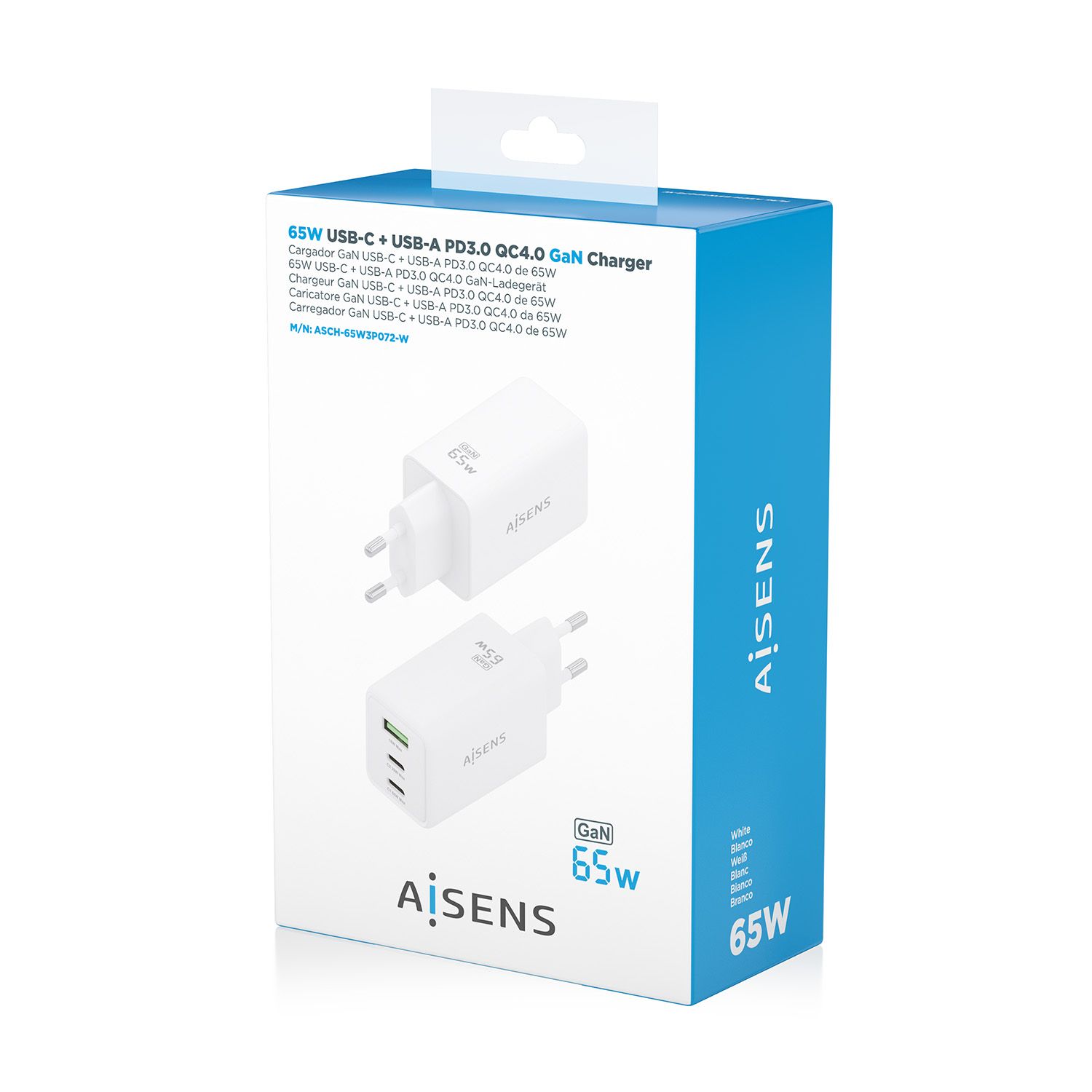 ASCH-65W3P072-W - Cargador de Pared Aisens GaN 2Usb-C 1Usb-A 65W Blanco (ASCH-65W3P072-W)