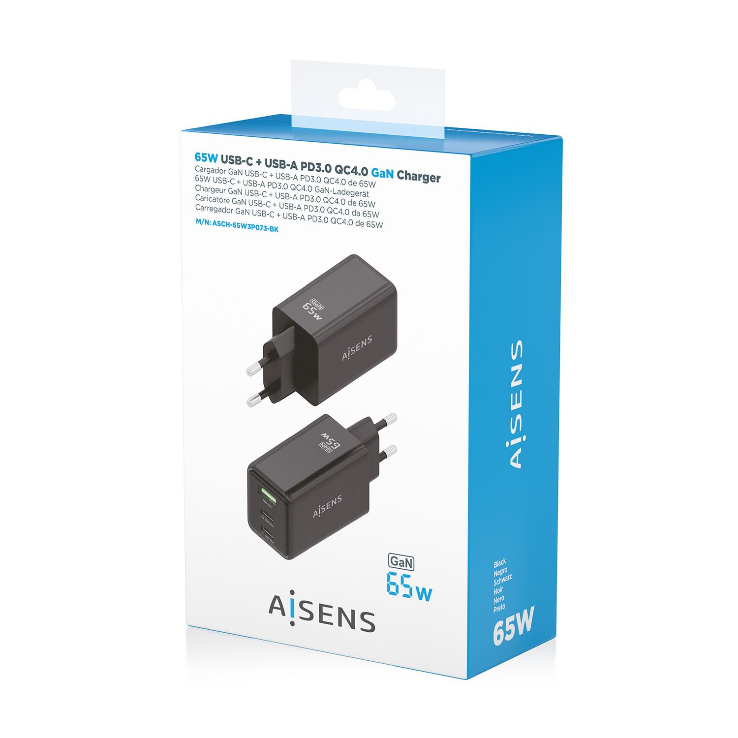 ASCH-65W3P073-BK - Cargador de Pared Aisens GaN 2Usb-C Usb-C 65W Negro (ASCH-65W3P073-BK)