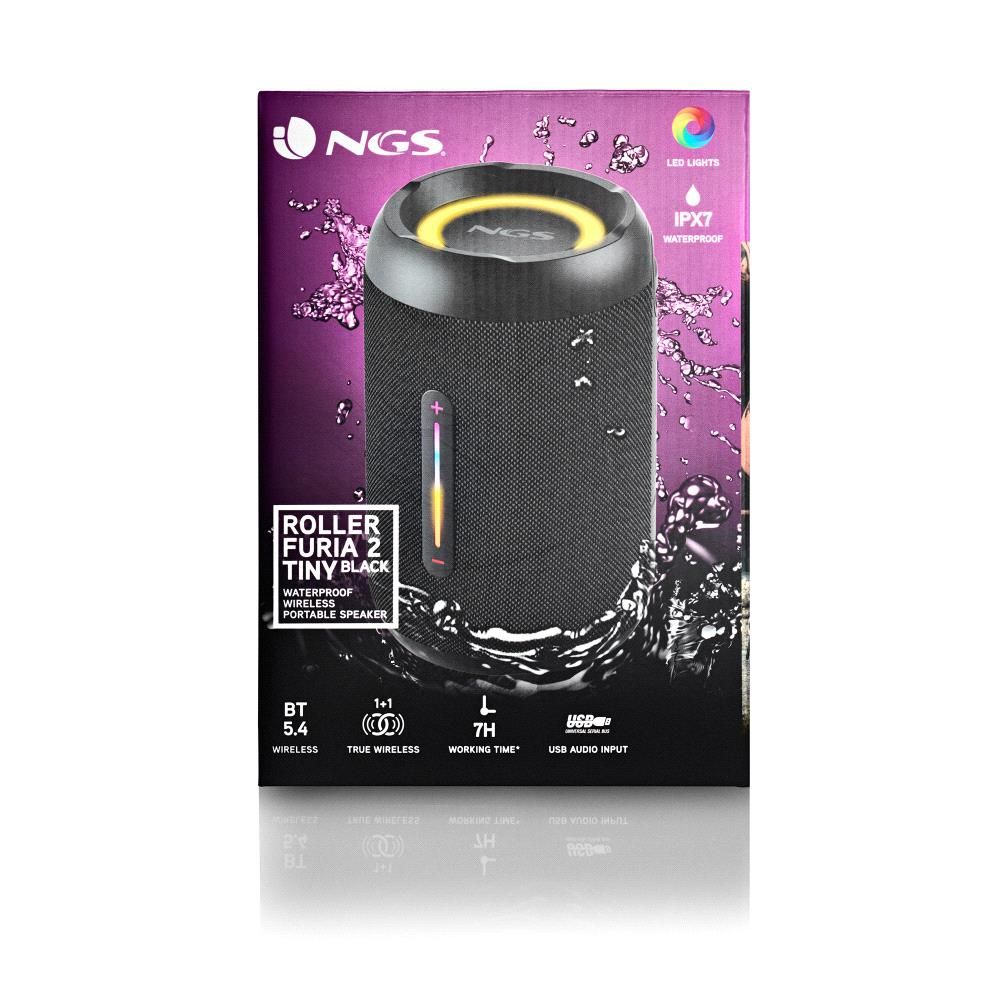 ROLLERFURIA2TINYBLACK - Altavoz NGS port�til 20W Bluetooth5.4 TWS RGB, bater�a 7h. Salida aux y usb, Negro. (ROLLERFURIA2TINYBLACK)