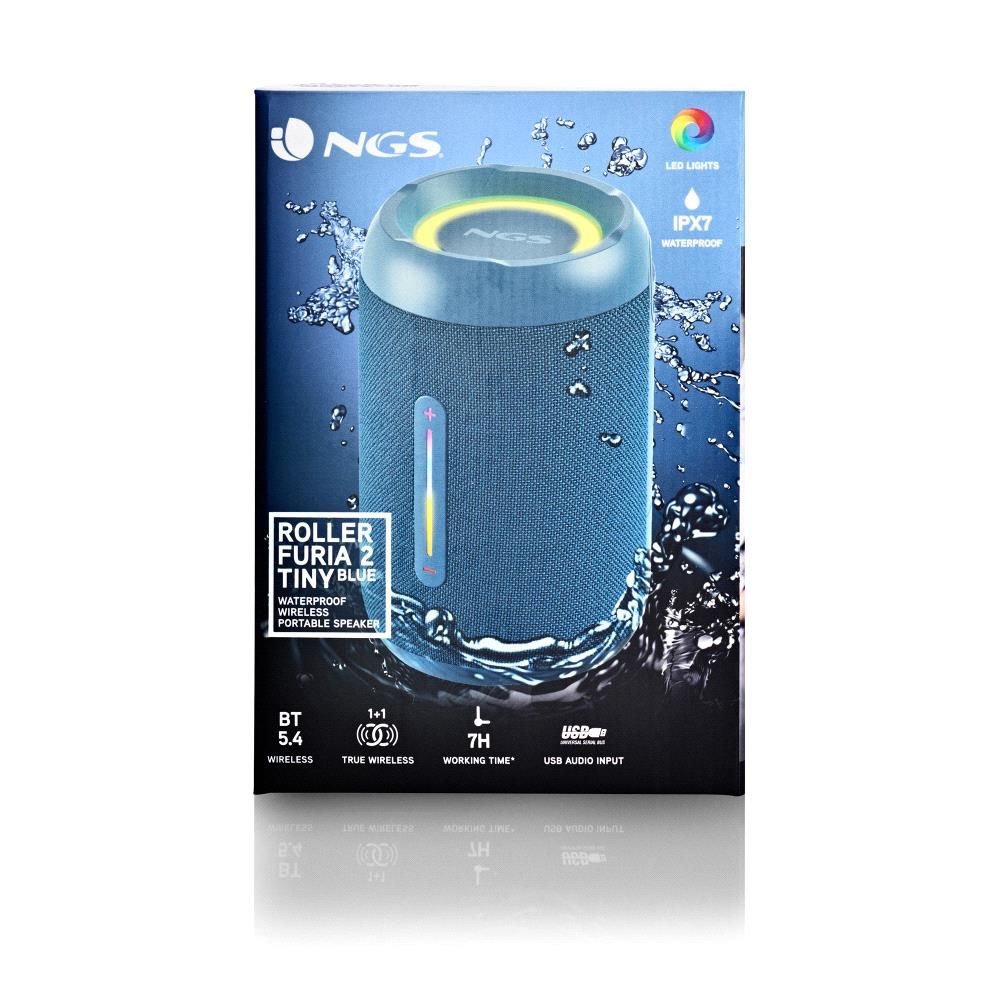 ROLLERFURIA2TINYBLUE - Altavoz NGS Roller Furia 2 Tiny 20W Bluetooth5.4, luces RGB, impermeable IPX7, salida AUX y usb, Azul. (ROLLERFURIA2TINYBLUE)