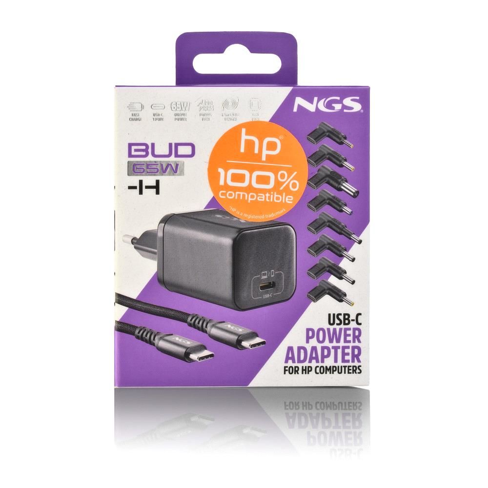 BUD65W-H - Cargador NGS para port�til HP 1Usb-C, cable Usb-C 1.5m, 65W, 8conectores. (BUD65W-H)