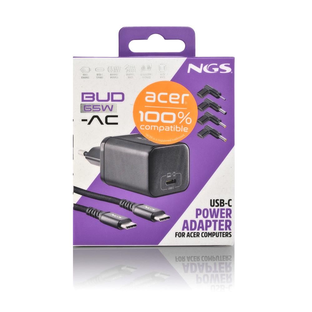 BUD65W-AC - Cargador NGS GaN para port�til Acer Usb-C 65W, cable Usb-C 1.5m, 4Conectores, Negro. (BUD65W-AC)