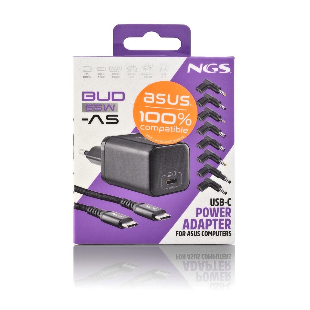 BUD65W-AS - Cargador NGS GaN para port�til Asus Usb-C 65W, cable Usb-C 1.5m, 8Conectores, Negro. (BUD65W-AS)