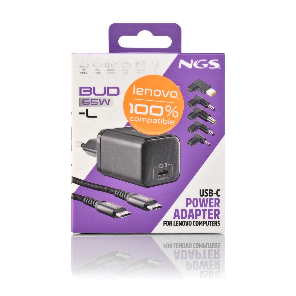 BUD65W-L - Cargador NGS GaN para port�til Lenovo Usb-C 65W, cable Usb-C 1.5m, 5Conectores, Negro. (BUD65W-L)
