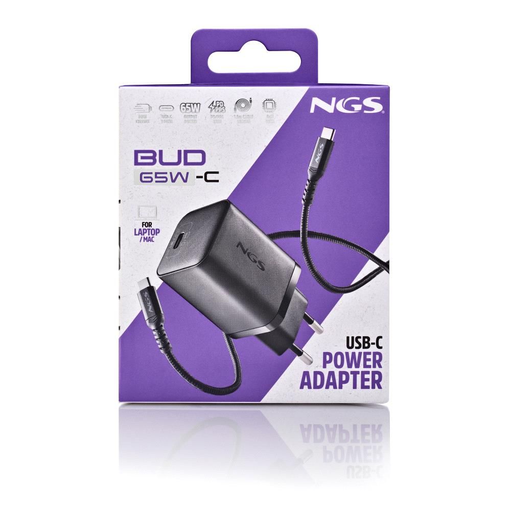 BUD65W-C - Cargador NGS GaN 65W 1Usb-C PD +cable Trenzado 1.5m, Negro. (BUD65W-C)
