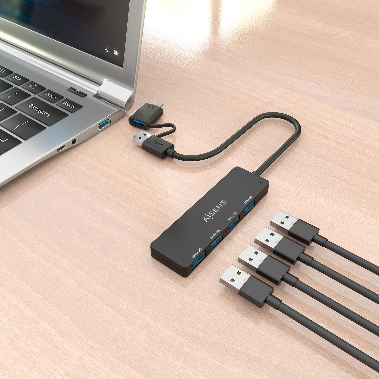 A109-0987 - Hub AISENS USB-A + Adaptador USB-C a 4xUSB-A 3.0 Negro (A109-0987)