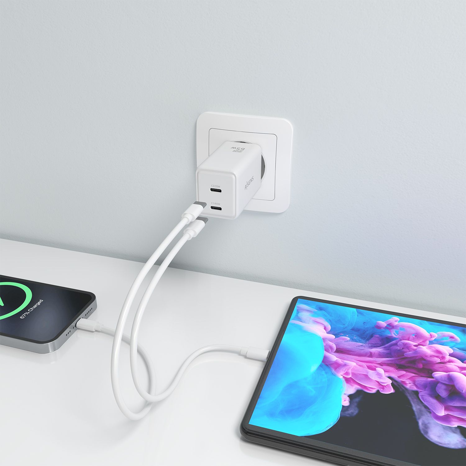 ASCH-65W2P078-W - Cargador de Pared AISENS GaN 65W PD 3.0 QC 3.0 2xUSB-C Blanco (ASCH-65W2P078-W)