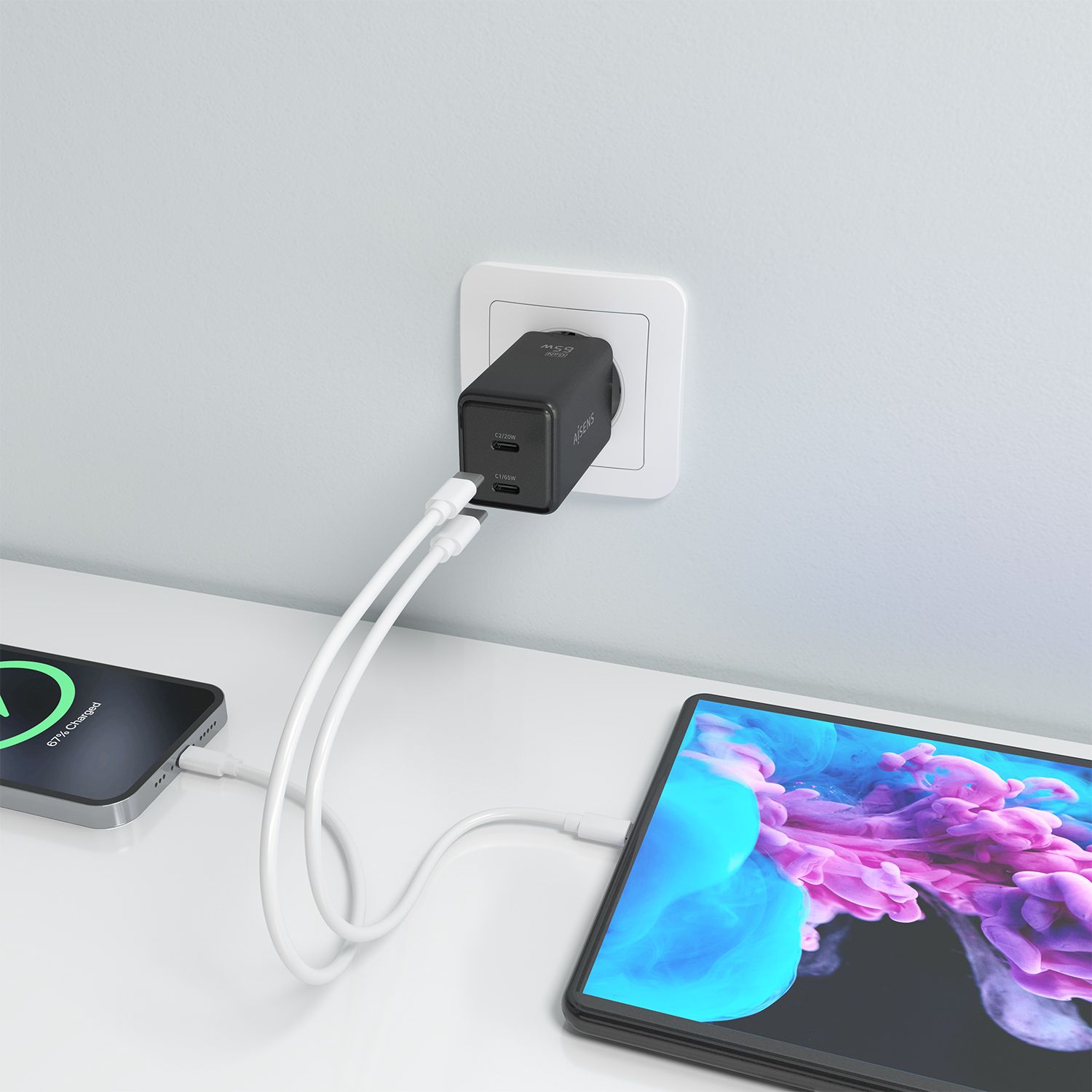 ASCH-65W2P079-BK - Cargador de Pared AISENS GaN 65W PD 3.0 QC 3.0 2xUSB-C Negro (ASCH-65W2P079-BK)
