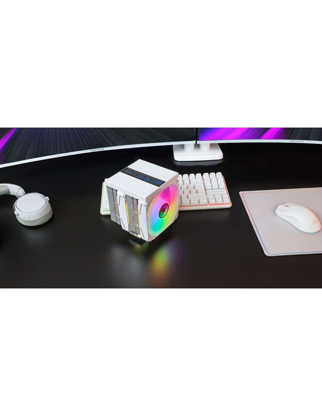 MCPULCDPROW - Ventilador CPU Mars Gaming Disipador 380W, 2x120mm, 8xHeatpipes, pantalla LCD XL, Blanco. (MCPULCDPROW)