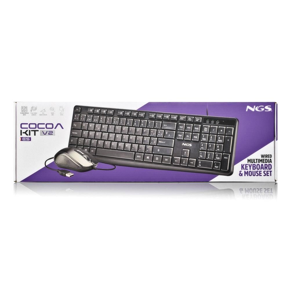 COCOAKITV2SPANISH - Kit Teclado + Rat�n NGS V2 QWERTY USB �ptico Ambidextro 1000dpi Negro (COCOAKITV2SPANISH)