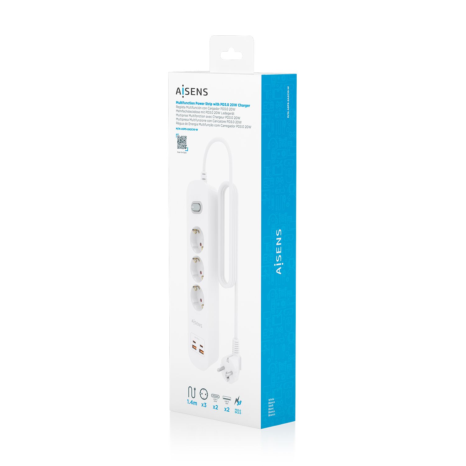 ASPS-2A2C10-W - Regleta AISENS 3 Tomas 2xUSB-C 2xUSB-A PD 3.0 QC 3.0 Cable 1.4m Blanca (ASPS-2A2C10-W)