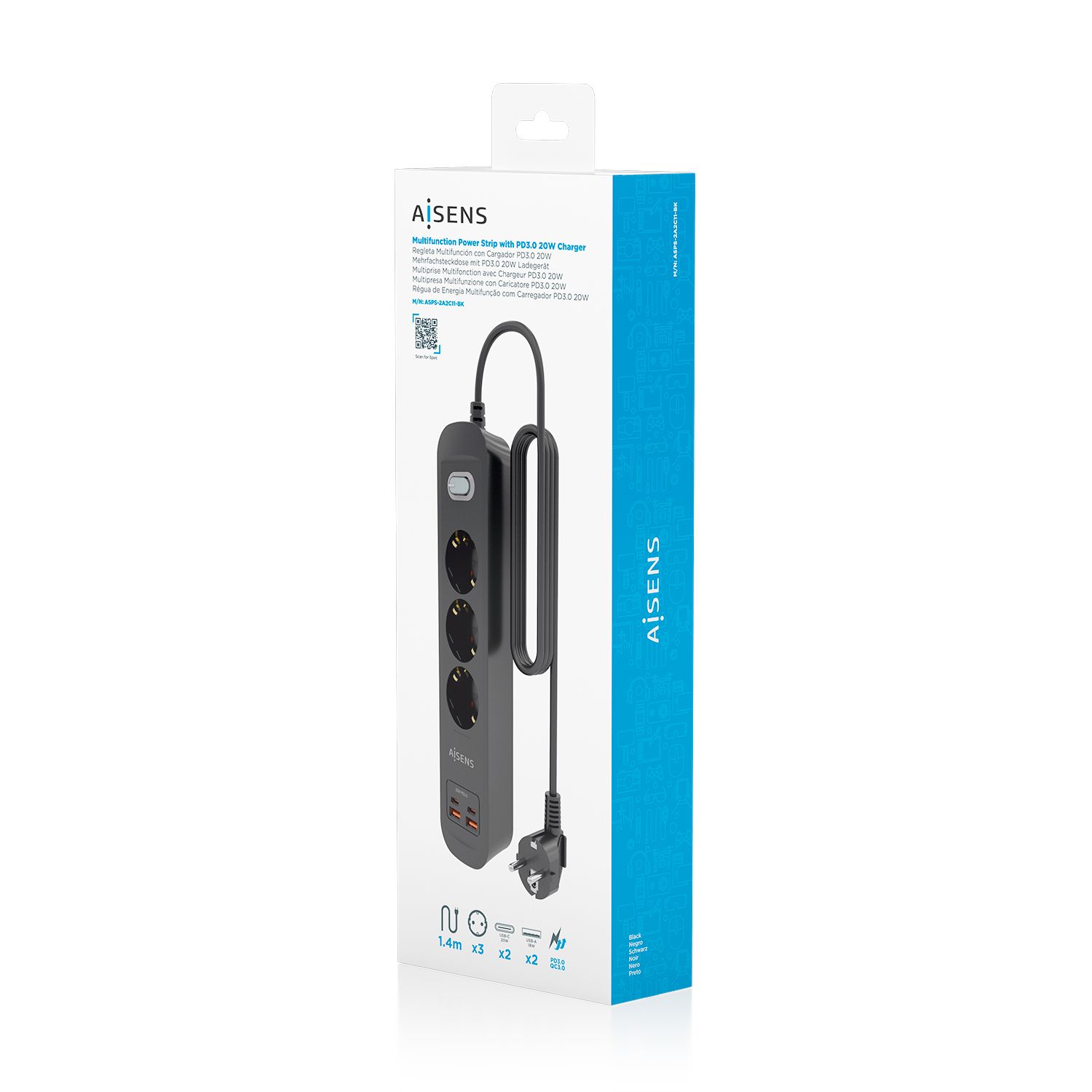 ASPS-2A2C11-BK - Regleta AISENS 3 Tomas 2xUSB-C 2xUSB-A PD 3.0 QC 3.0 Cable 1.4m Negra (ASPS-2A2C11-BK)