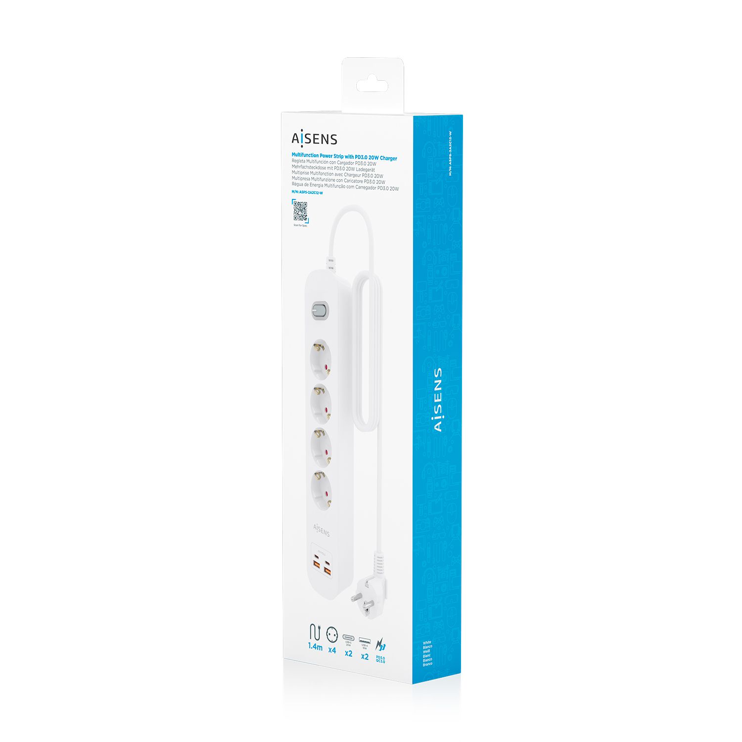 ASPS-2A2C12-W - Regleta AISENS 4 Tomas 2xUSB-C 2xUSB-A PD 3.0 QC 3.0 Cable 1.4m Blanca (ASPS-2A2C12-W)