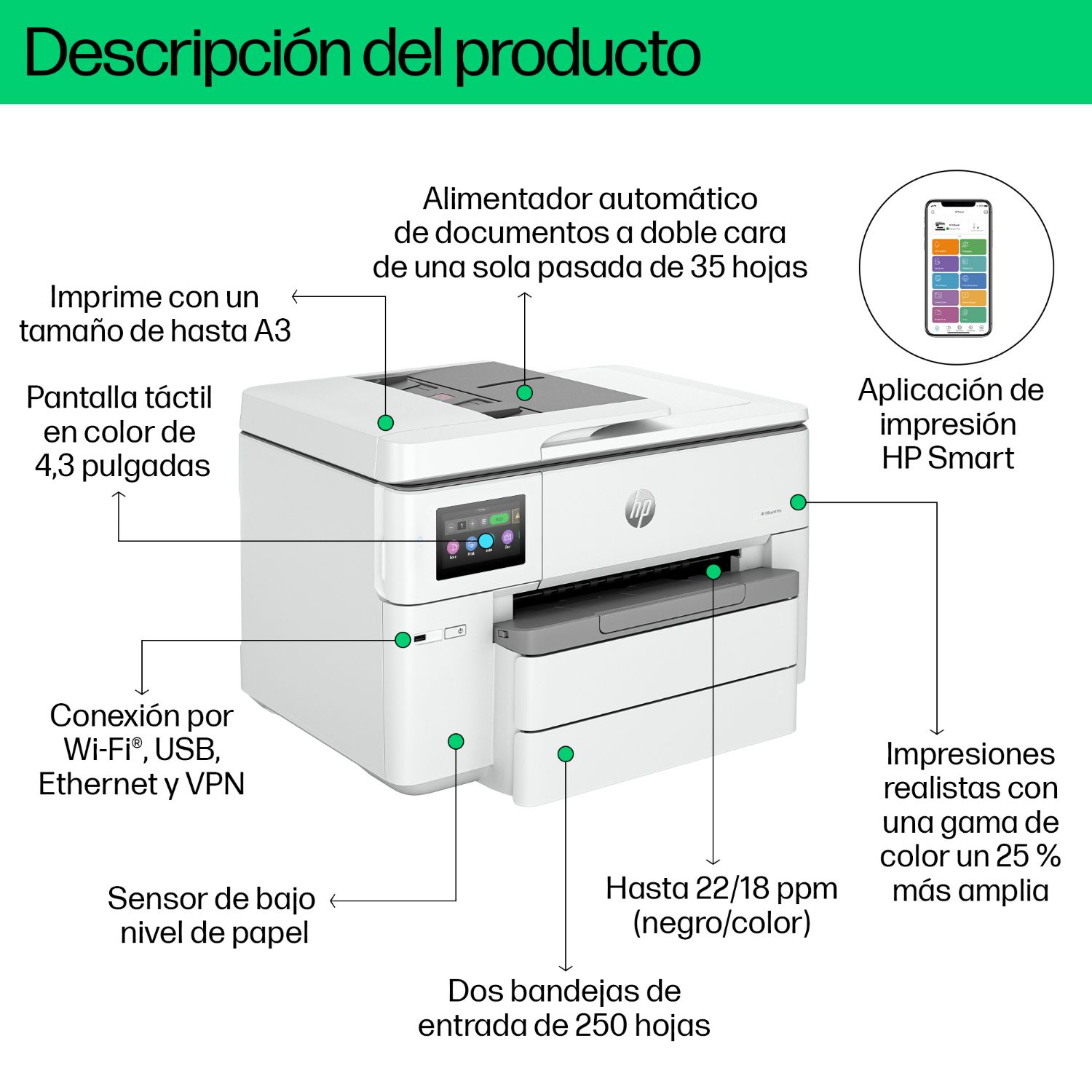 HP-MULT OFI PRO 9730E V2 - Impresora Multifunci�n HP OfficeJet Pro 9730e Pantalla CGD 4.3? T�ctil 4800x1200dpi A3 Color ADF 2xUSB 2.0 1xRJ45 WiFi 5 Bluetooth Ethernet D�plex Gris/Blanca (537P6B V2)