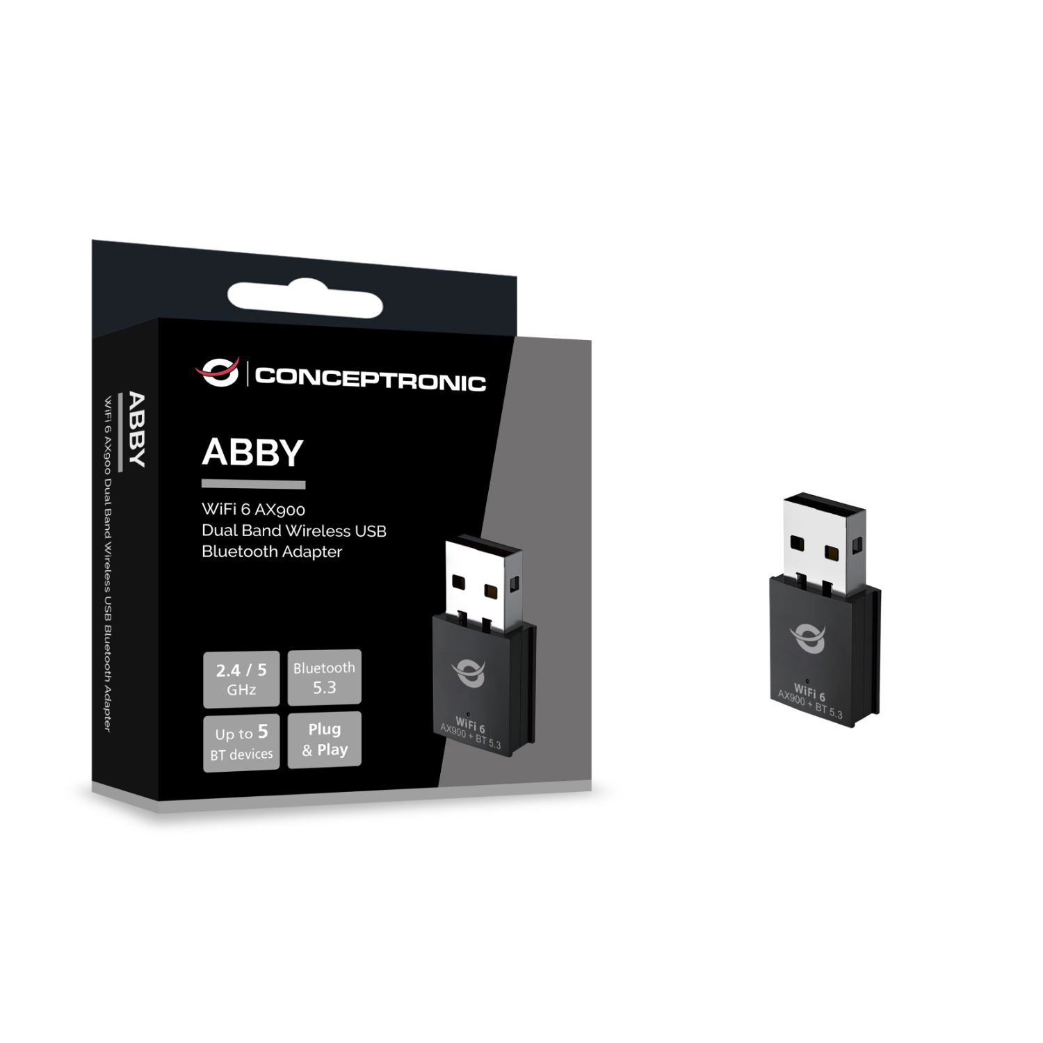 ABBY26B - Adaptador CONCEPTRONIC AX900 USB 2.0 WLAN/Bluetooth 5.3 WiFi 6 Dual Band PC/Port�til Negro (ABBY26B)