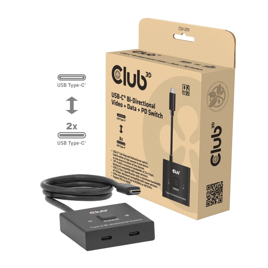 CSV-2511 - Switch Club 3D Bidireccional 8K UHD 2xUSB-C 2xDP Cable 0.5m Negro (CSV-2511)